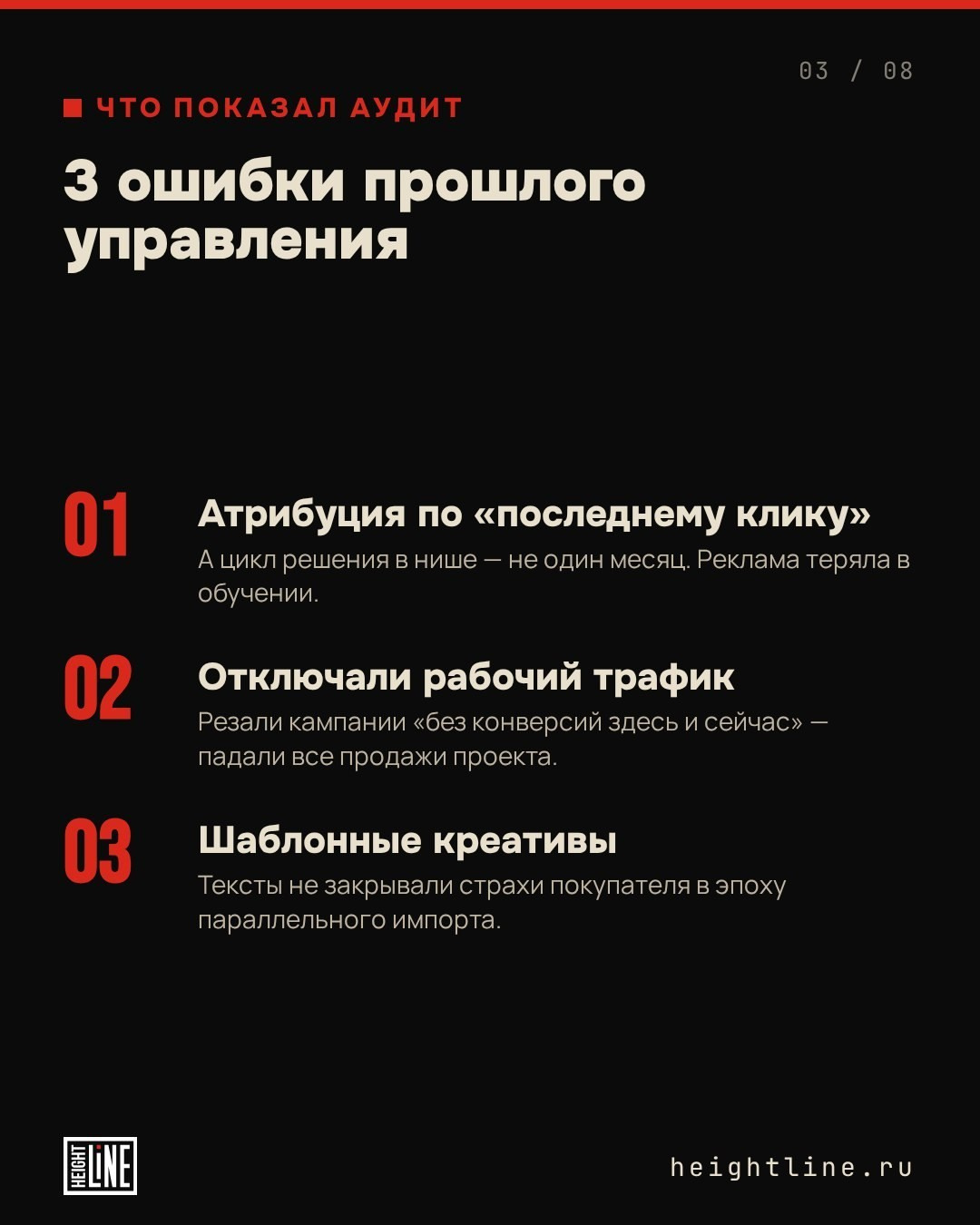 Аудит рекламы в кейсе Height Line — три ошибки прошлого управления, дизайн слайда для соцсетей