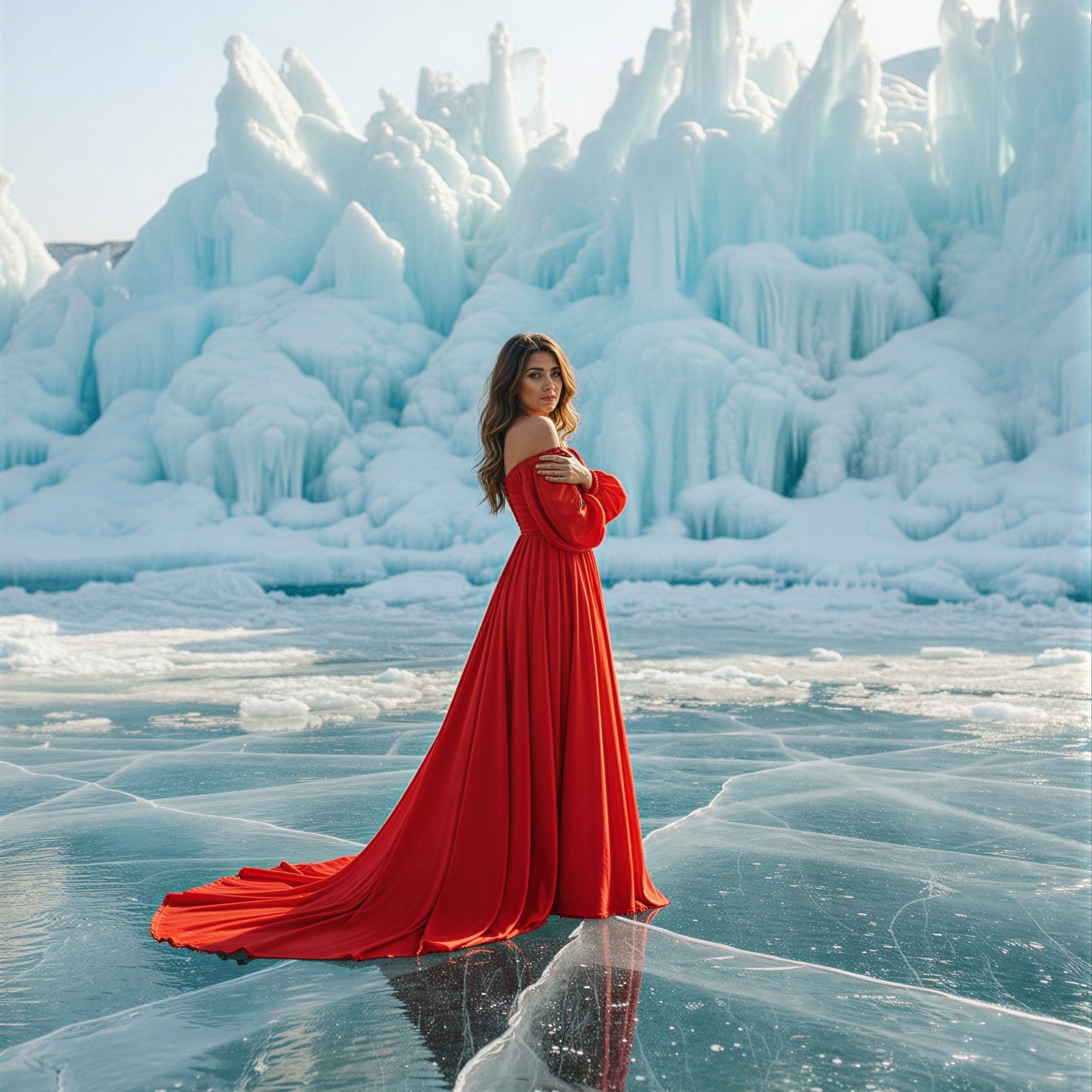 (Арт. 008-К) Красное летящее на резинке с рукавом и укороченным шлейфом