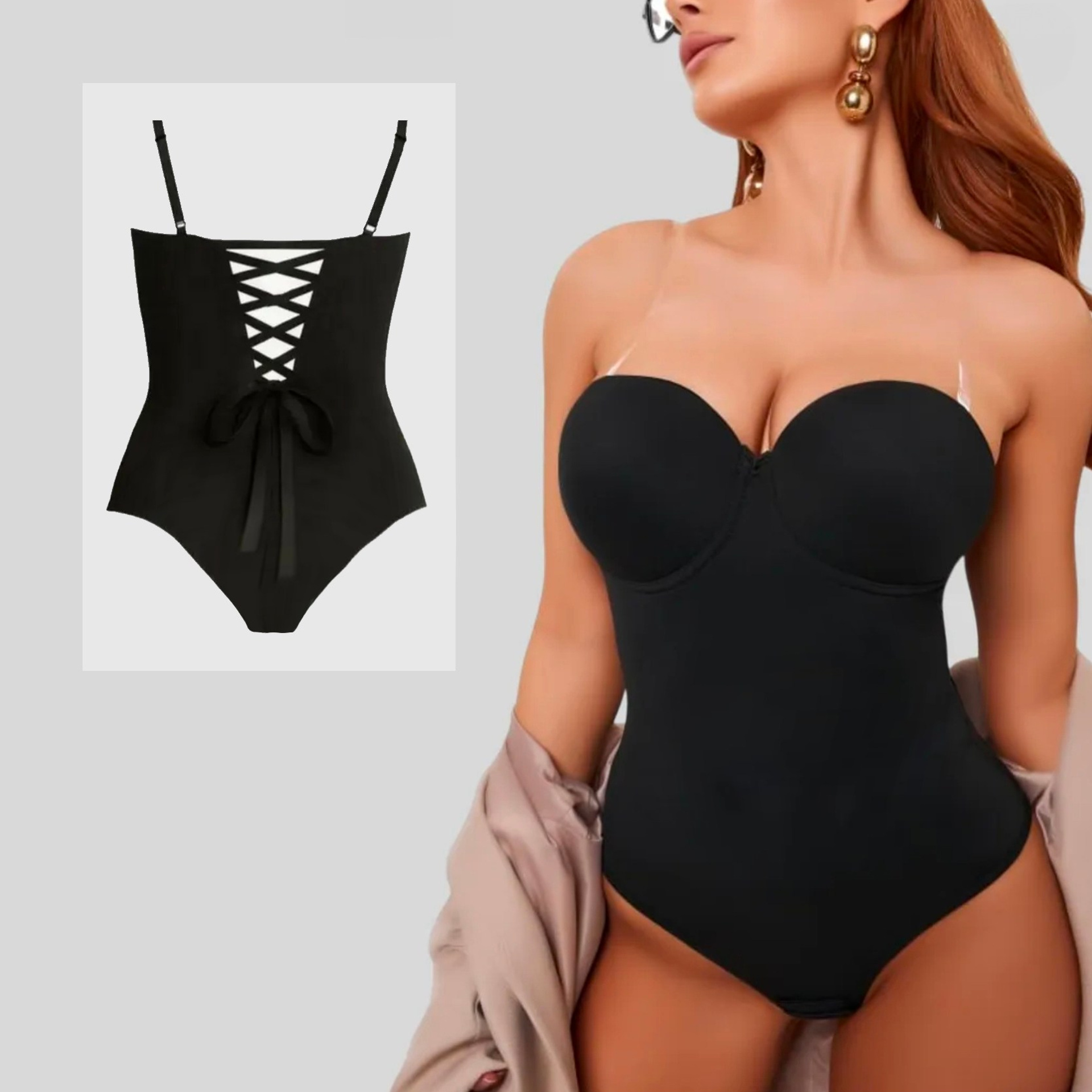 Новинка. Боди с плотными встроенными чашечками. Сзади корректируется по объему на завязках. В двух размерах: 46 и 48-50. Цвет черный. Бретельки черные, прозрачные или можно без них.