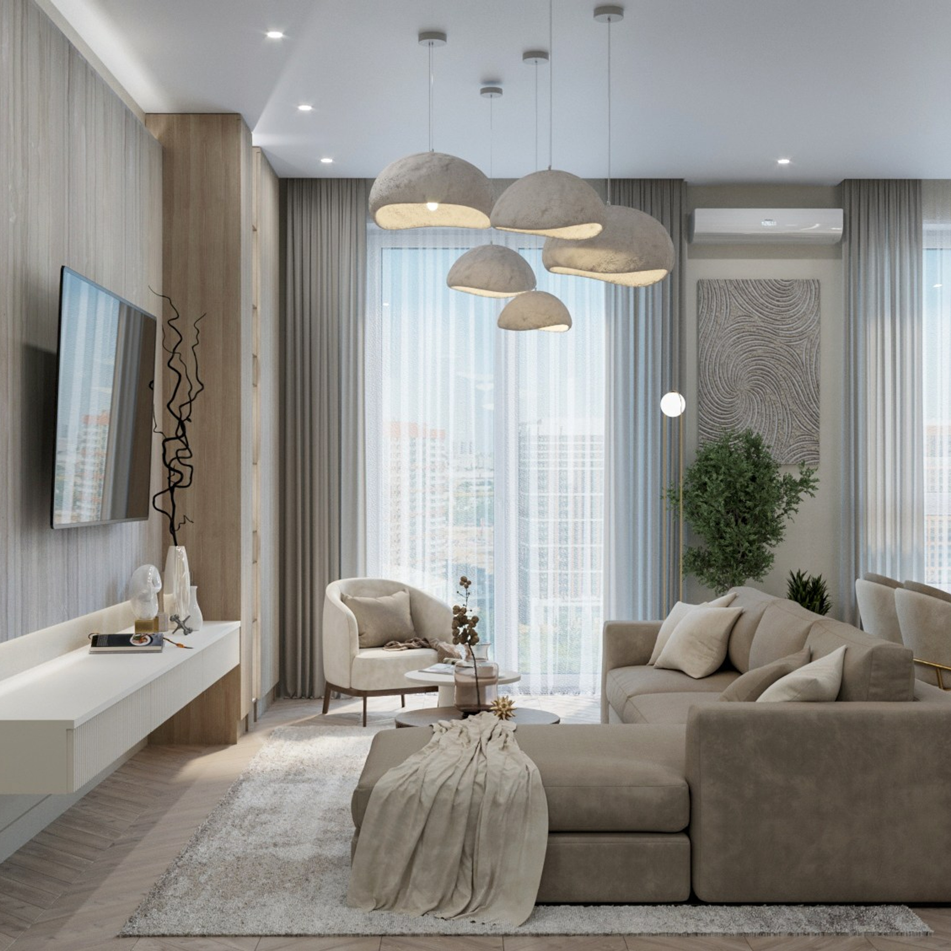 Визуализация интерьера в бежевых тонах. ЖК Сердце Столицы