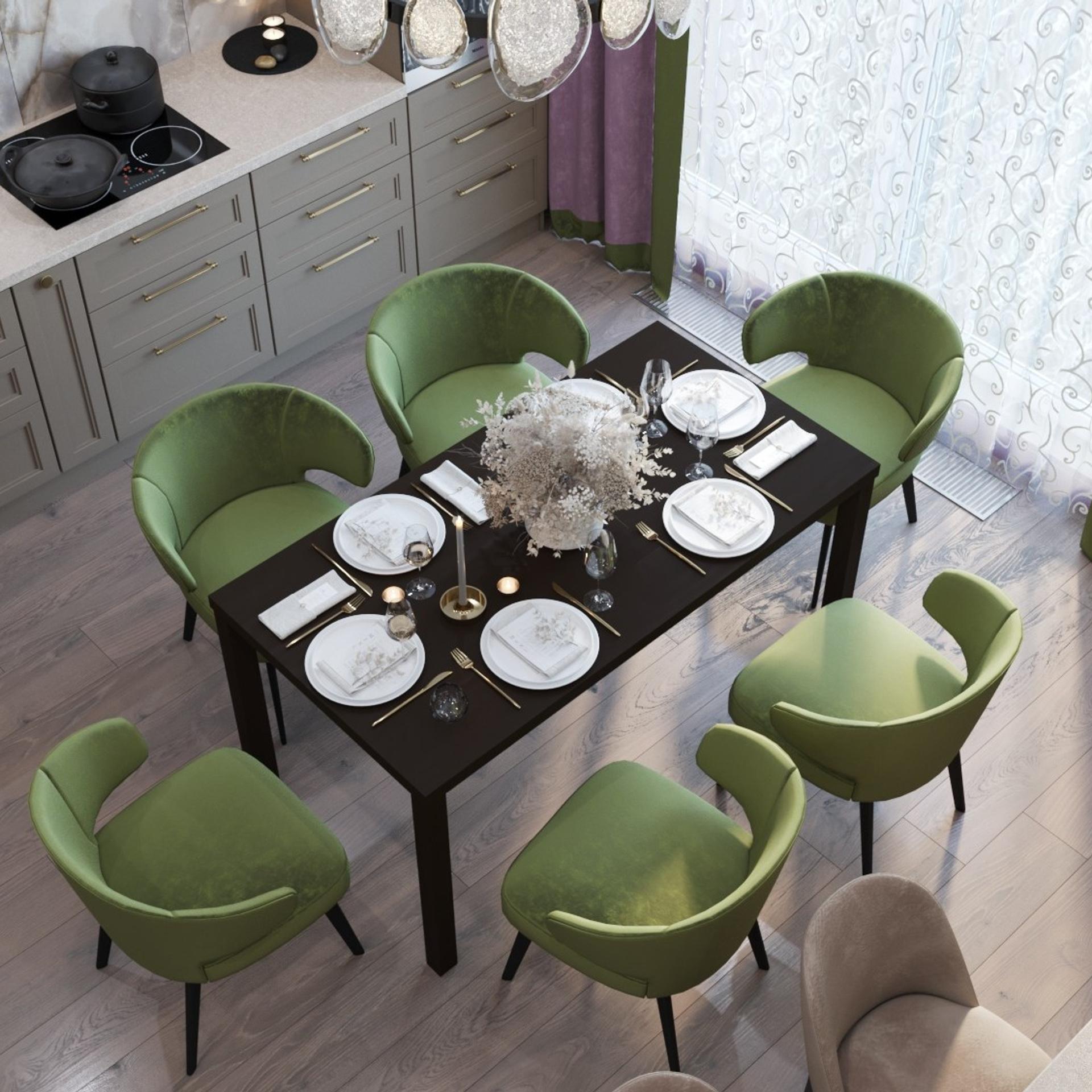 Визуализация яркого интерьера в фиолетовых тонах. ЖК Красноказарменная