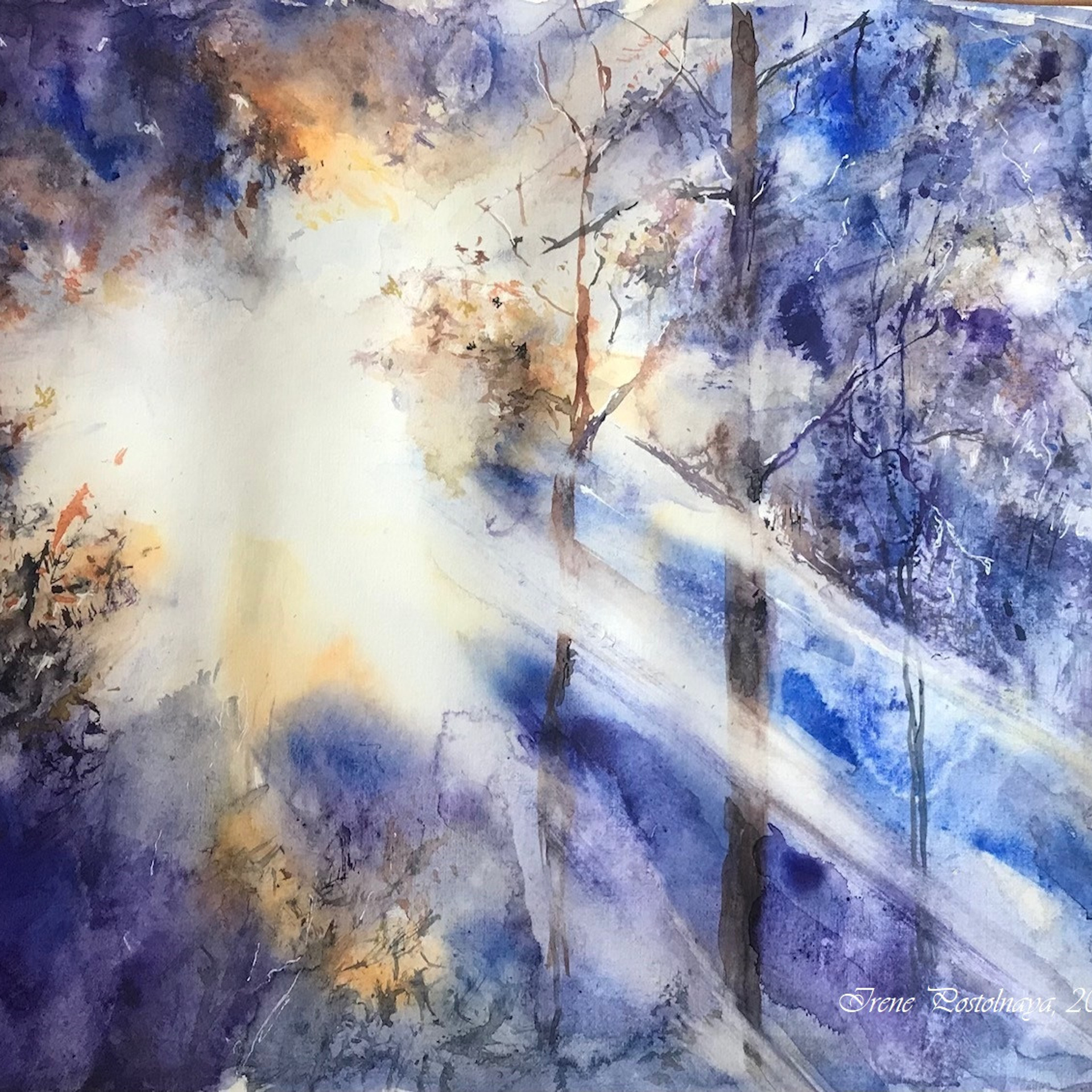"Солнце в лесу", картина Ирэн Постольной, акварель, лесной пейзаж акварелью