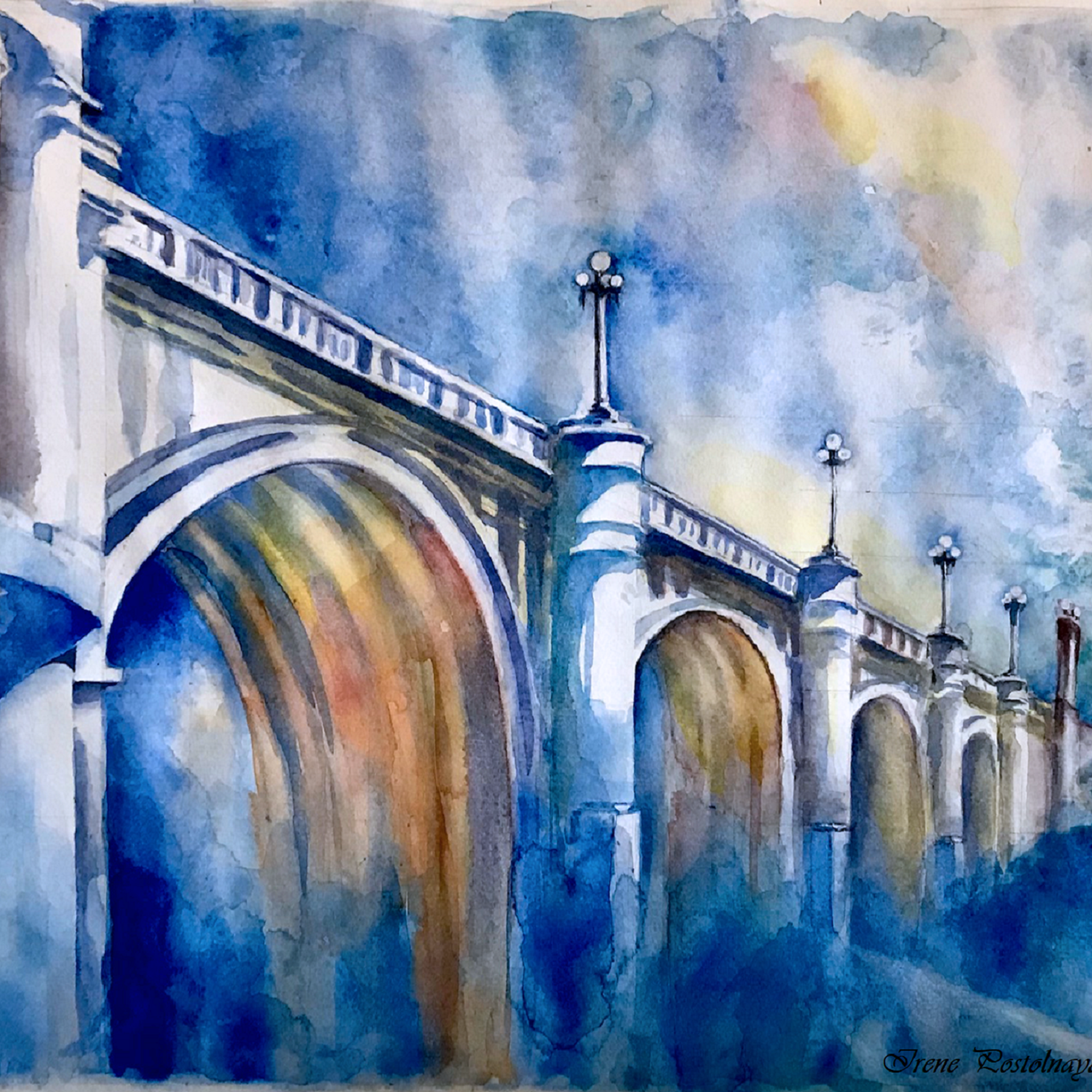 Синий мост. Картина Ирэн Постольной, акварель, 35х45 см, 2022г.