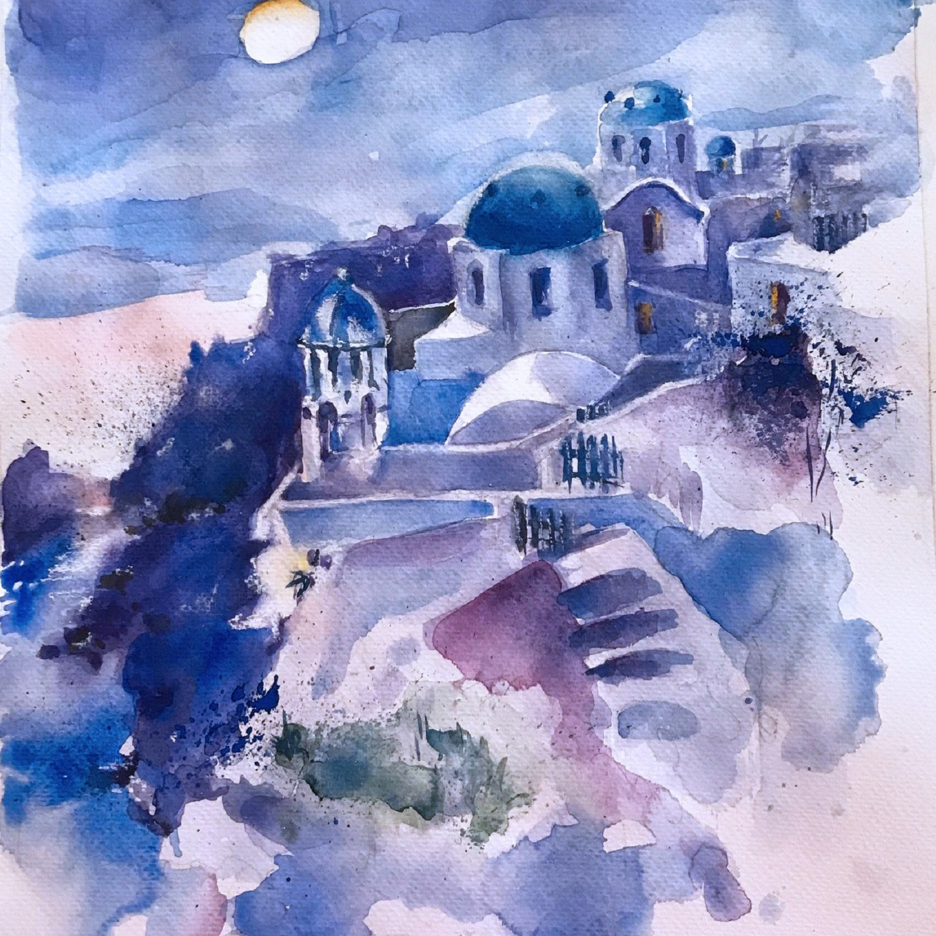 Санторини: любовь к путешествиям. Картина Ирэн Постольной, акварель, 2022г.