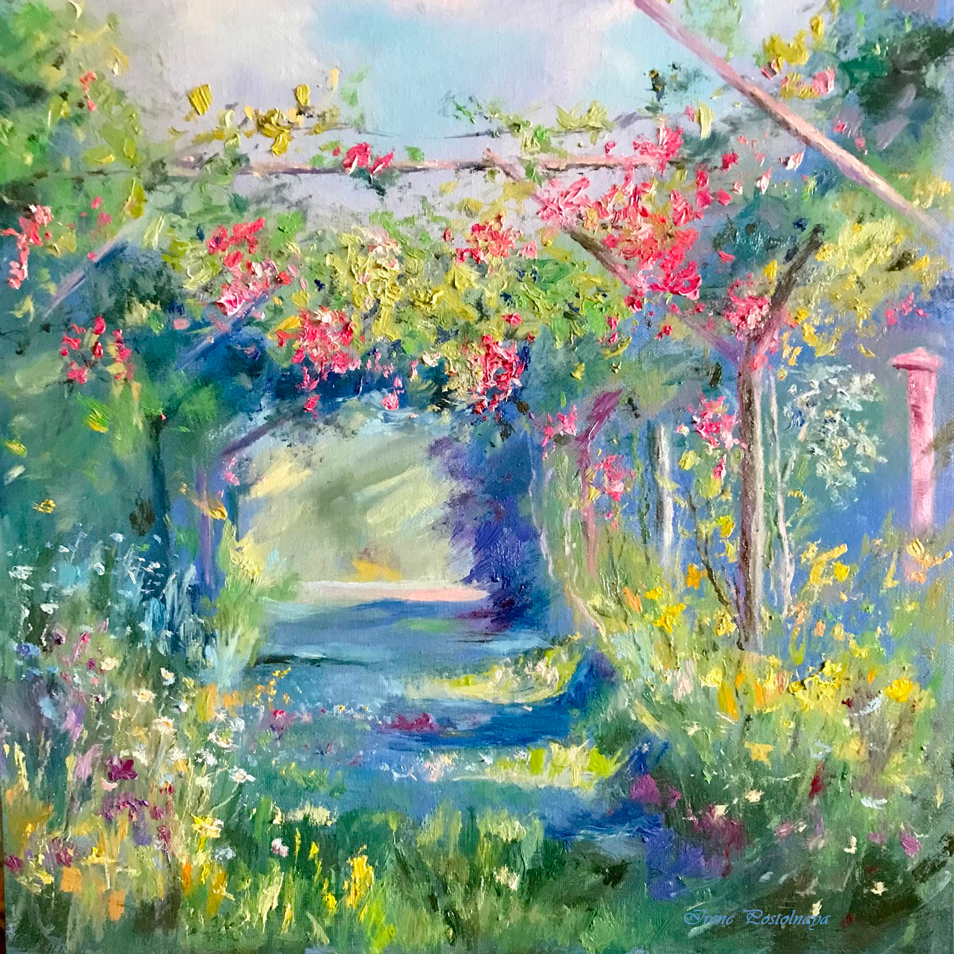 Цветочная арка в саду. Картина, холст, масло, 40х40 см. В широком багете. Ирэн Постольная