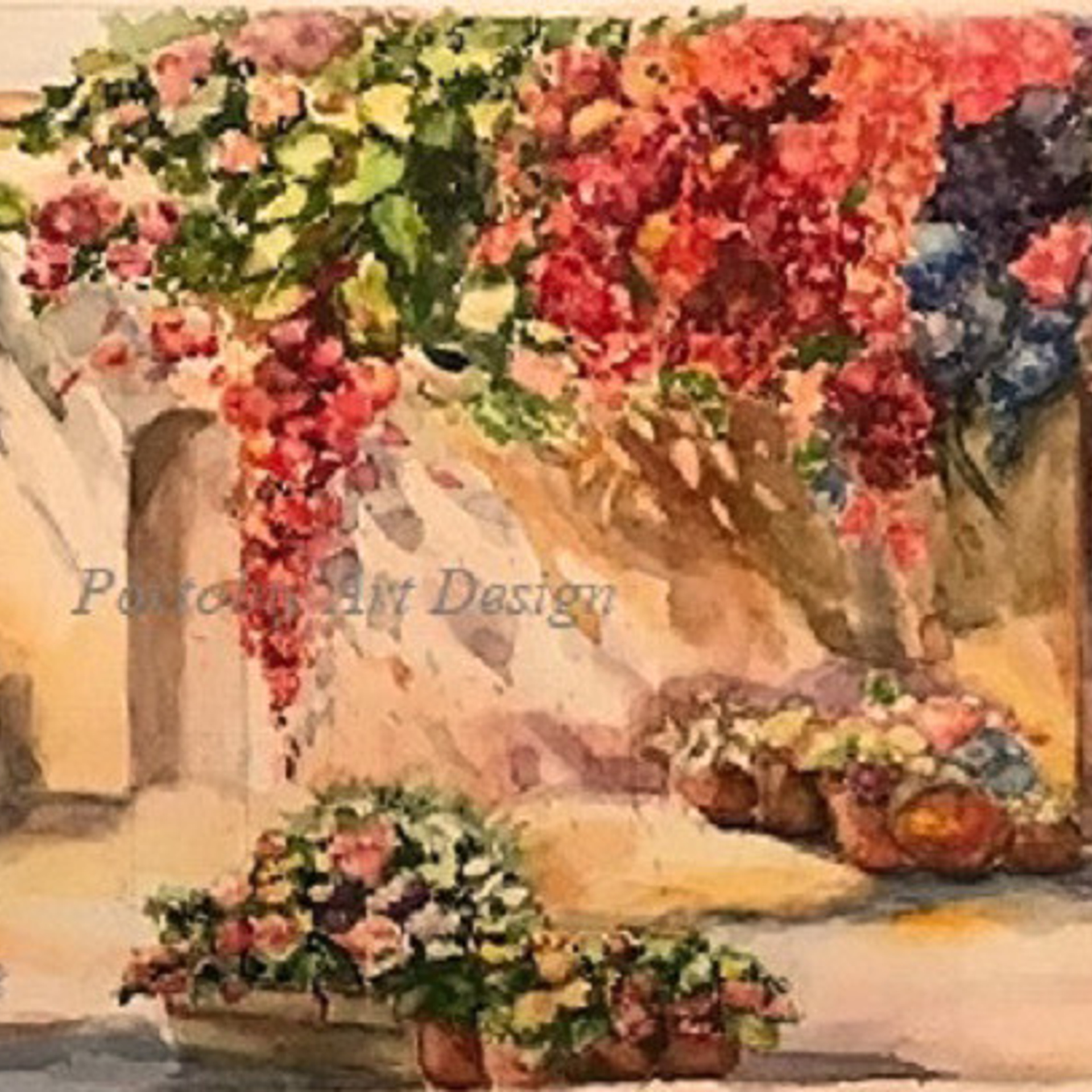 "Итальянский дворик с бугенвиллиями", картина, акварель 75х30 см автор Ирэн Постольная