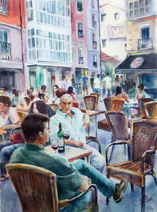 Watercolor drawing of two men drinking wine in a bar on the square.