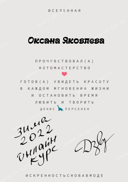 диплом о прохождении обучения фотографии у фотографа Алены Гороховской Гроховской Санкт-Петербург