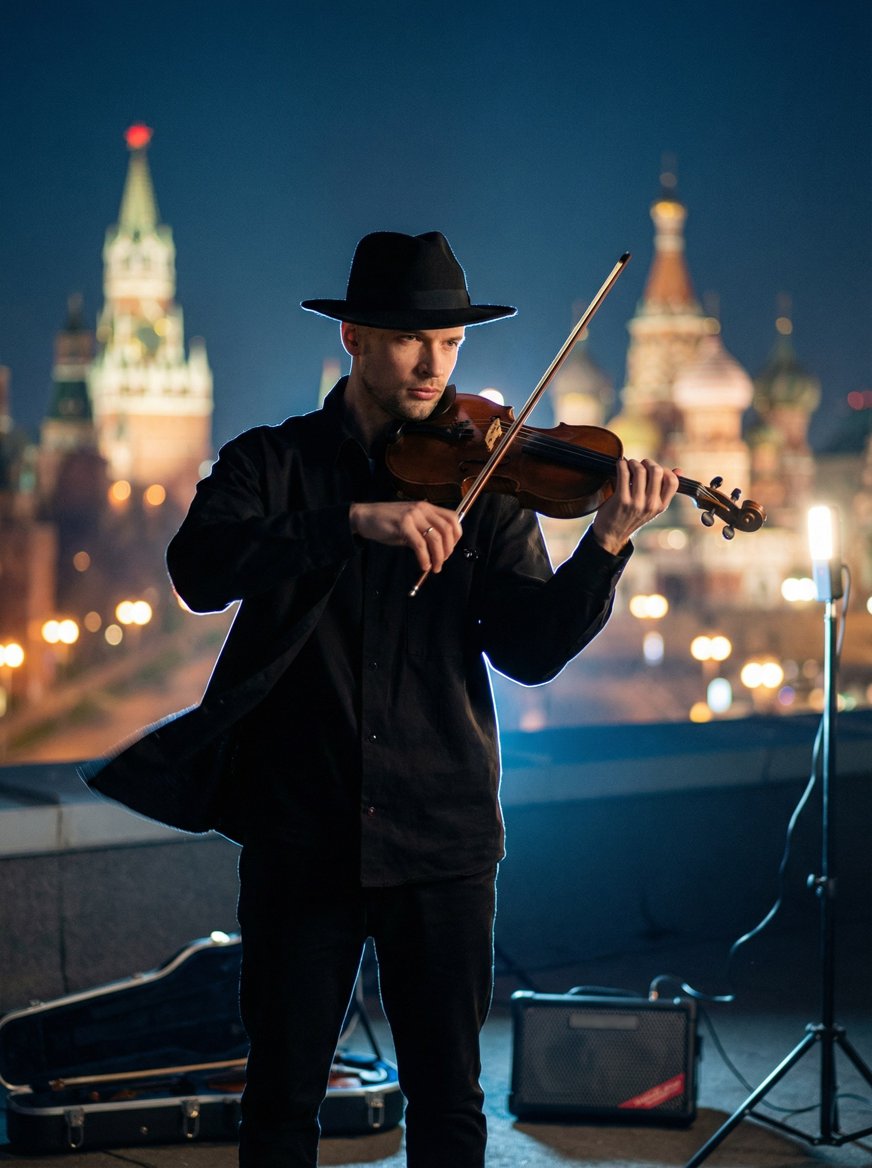 ИИ съемка для музыканта на крыше в Москве — атмосферный портрет скрипача для соцсетей и личного бренда