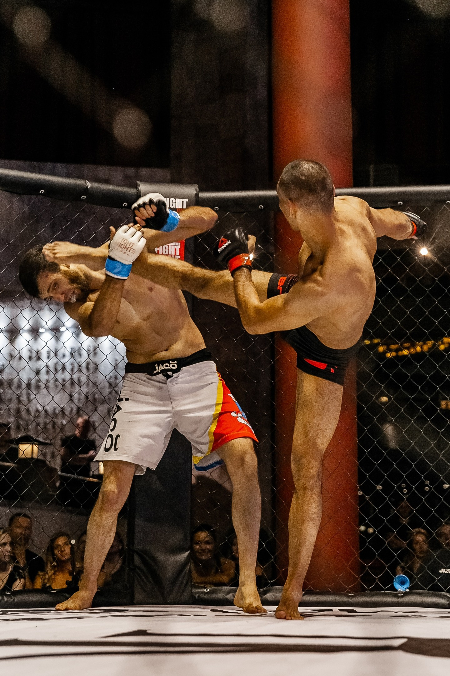 Удар ногой в лицо во время боя в октагоне MMA репортажная фотография