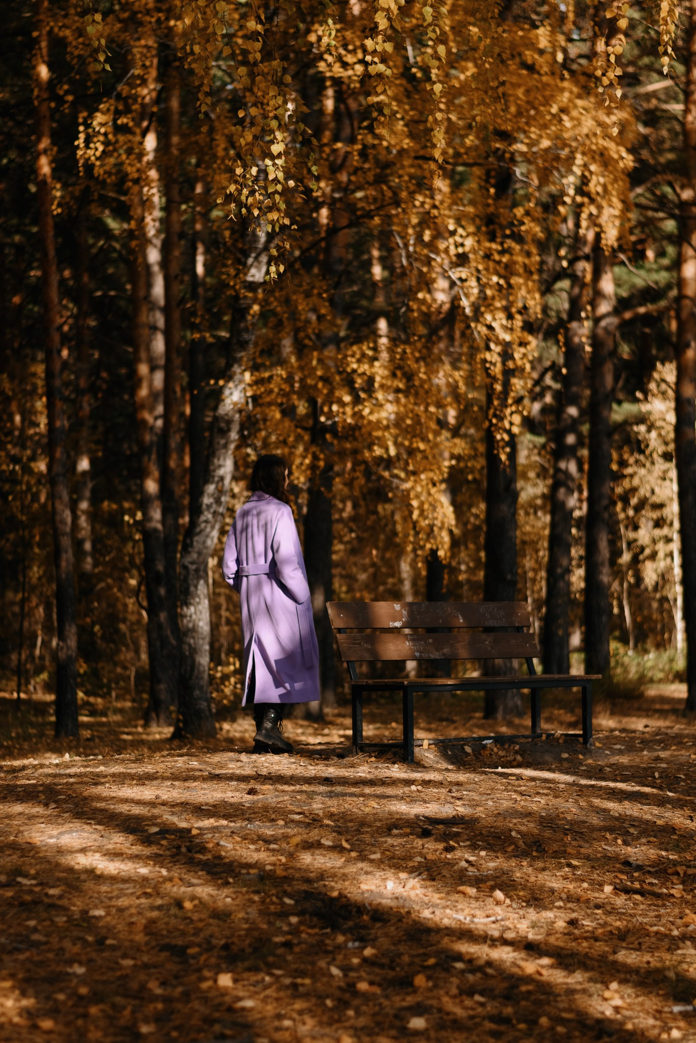 Девушка в фиолетовом пальто на фоне осенней природы. Съемка в Тюмени.