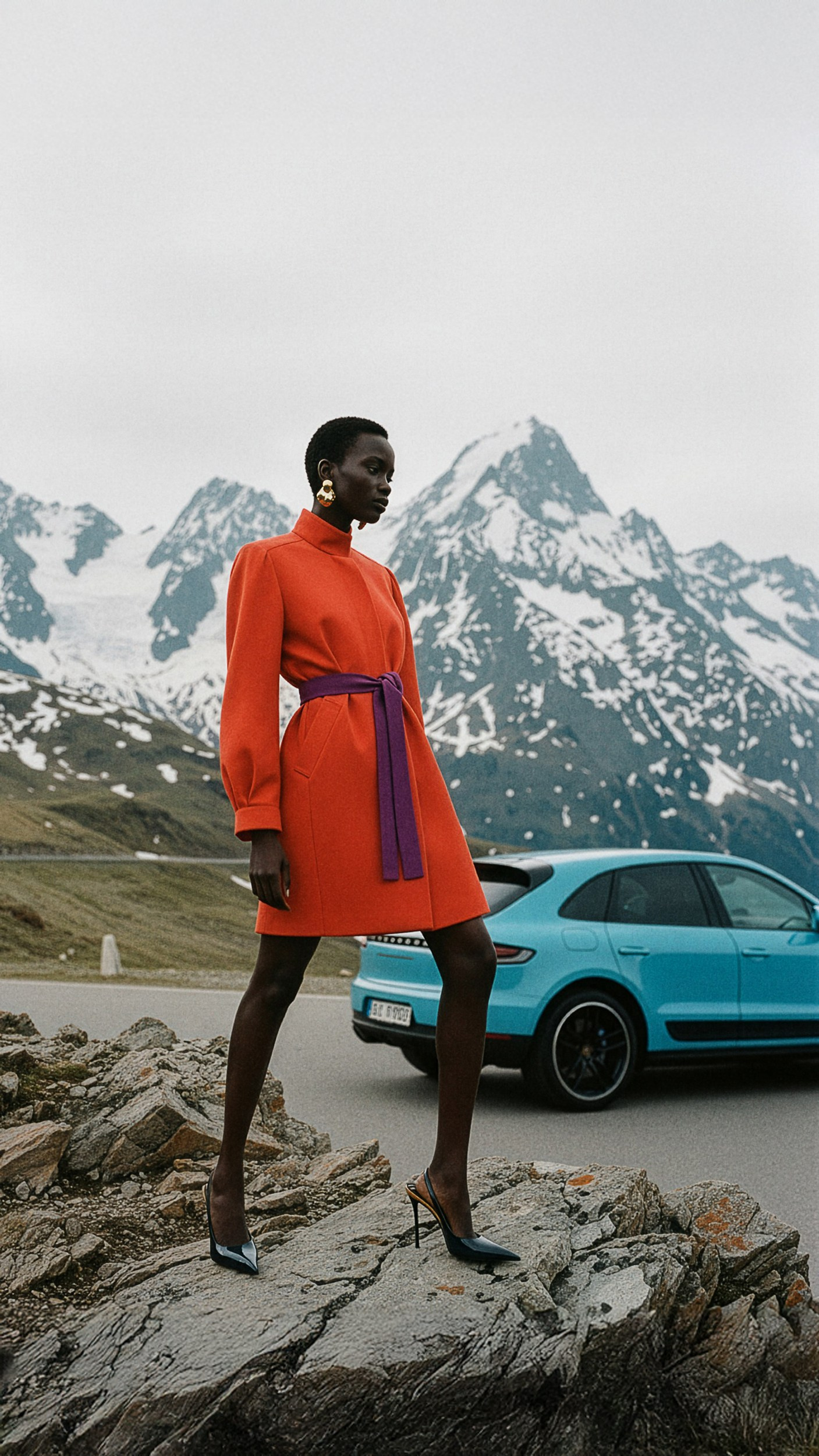 Фотосессия красивая темнокожая девушка модель позирует на фоне голубого порше