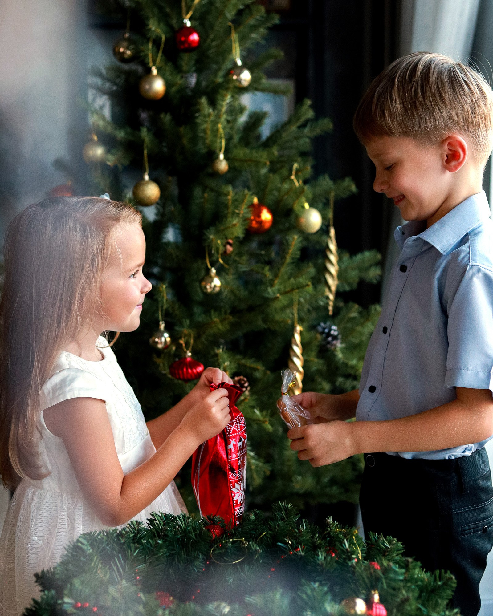 новый год мальчик и девочка дарят подарки