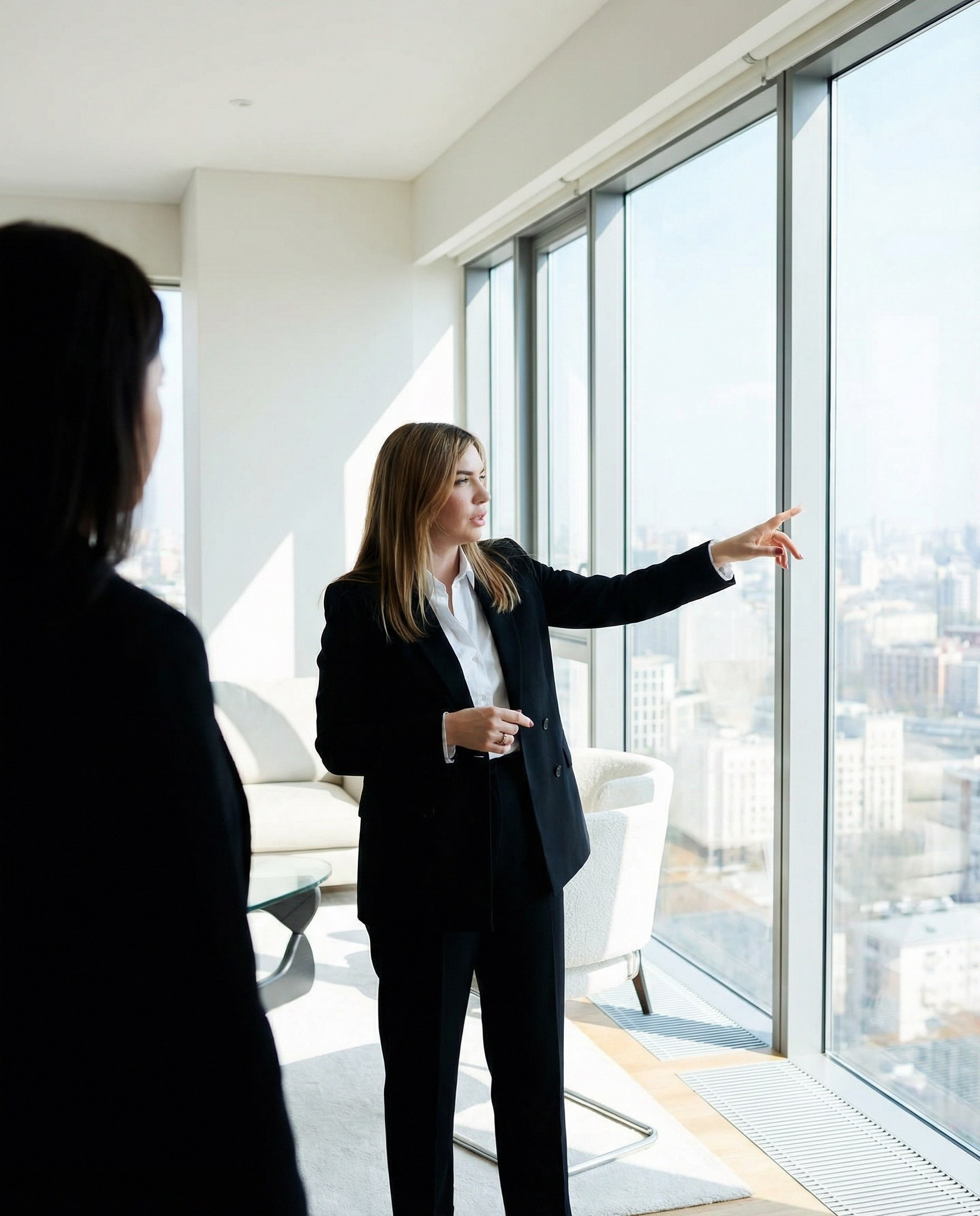 ИИ изображение эксперта по недвижимости во время показа объекта у панорамных окон — контент для сайта, статей и соцсетей