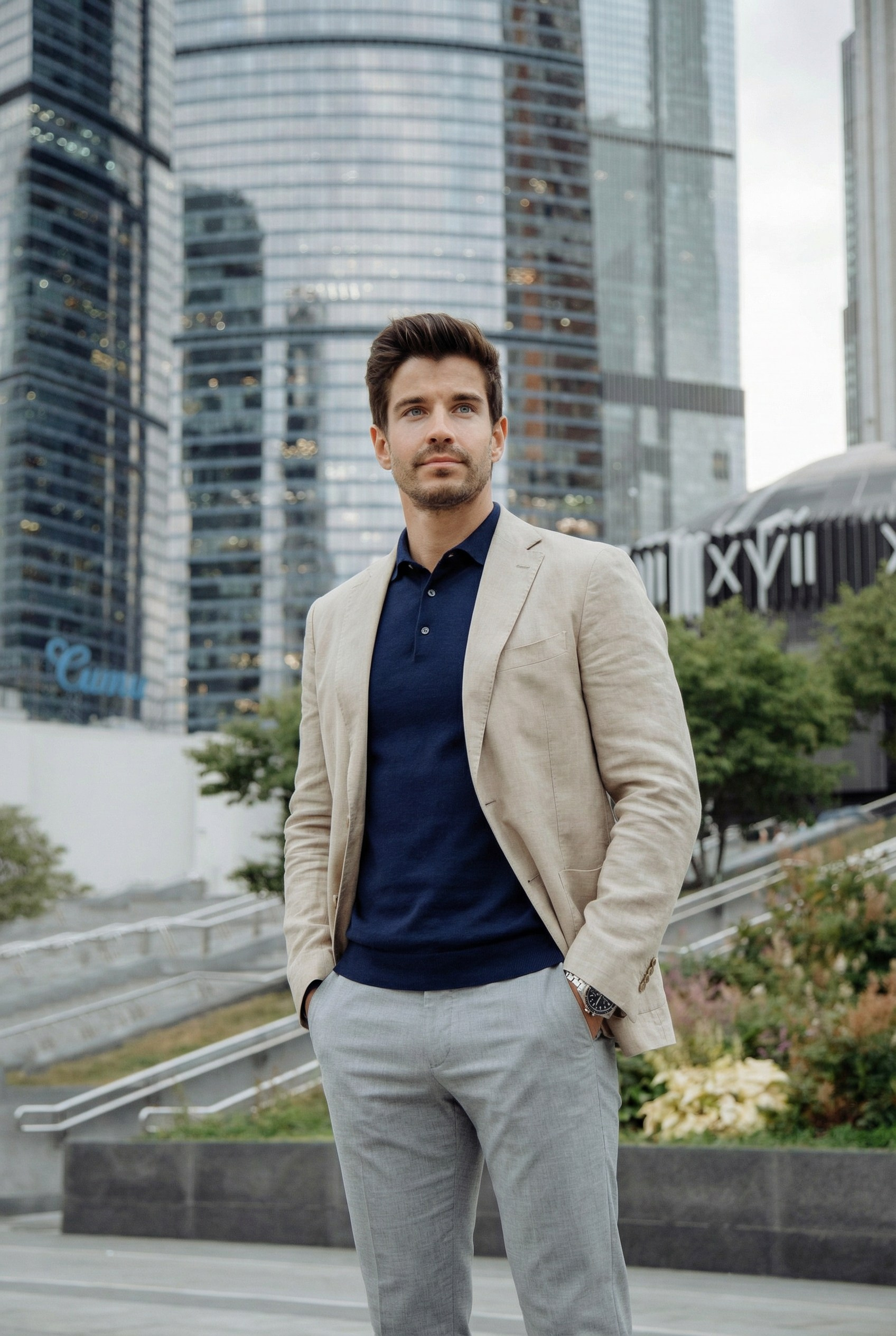 Мужчина стоит на фоне Москва сити в костюме и улыбается