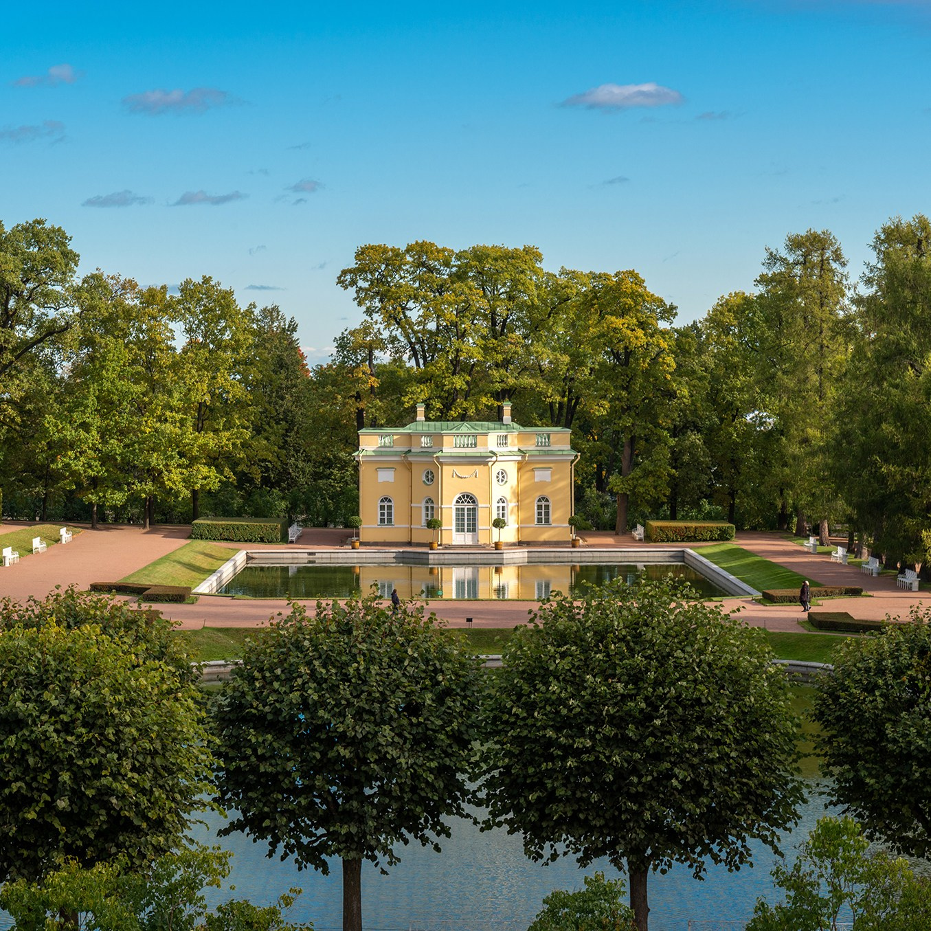The city of Pushkin, Tsarskoye Selo. Catherine Park. The shore of the Mirror Pond, the Upper Bath pavilion. There are even more view photos in the store.