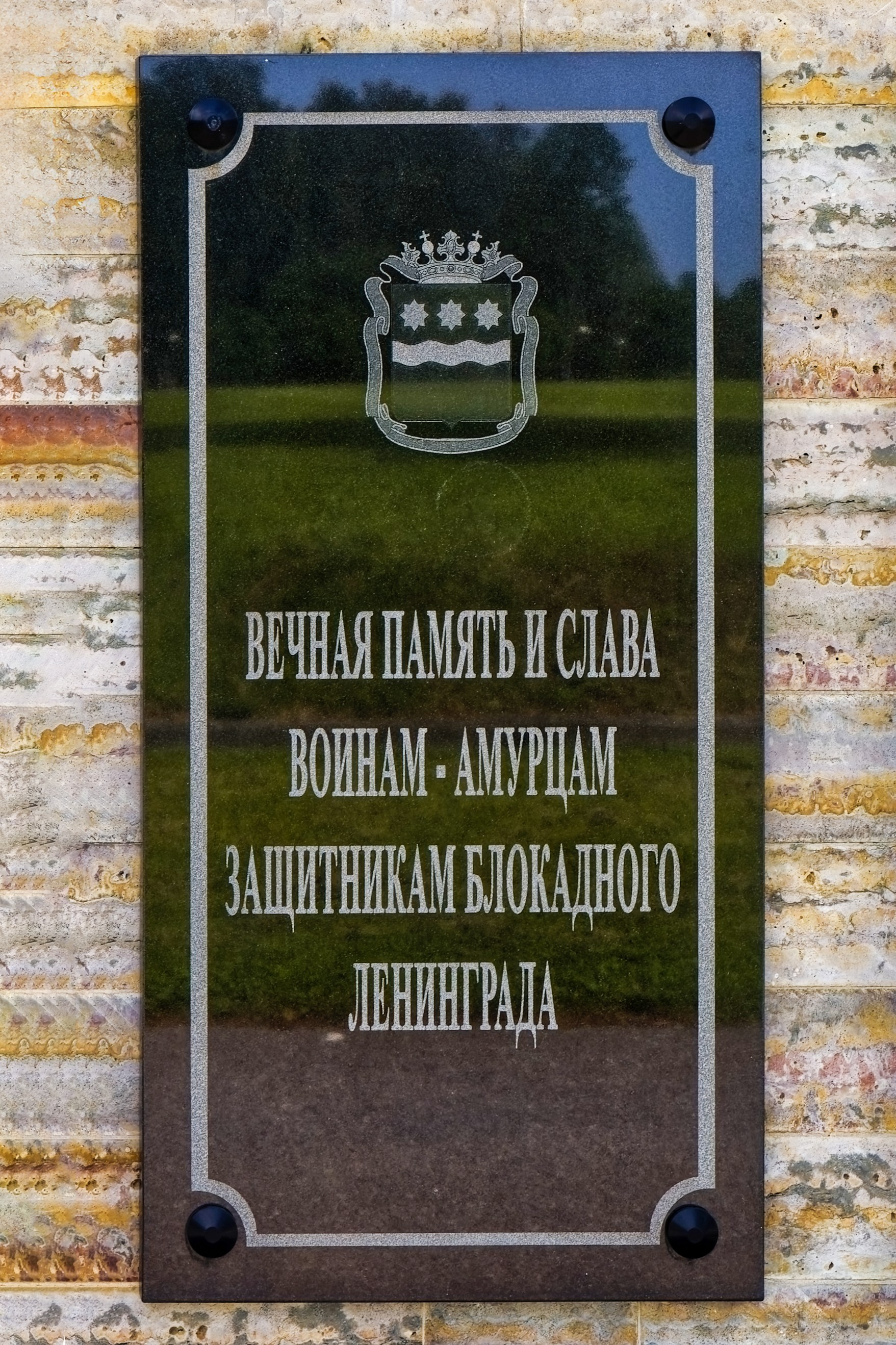 Мемориальная доска воинам-амурцам, защитникам Ленинграда. Пискаревское мемориальное кладбище. Аллея памяти. Санкт-Петербург, проспект Непокорённых, 72.