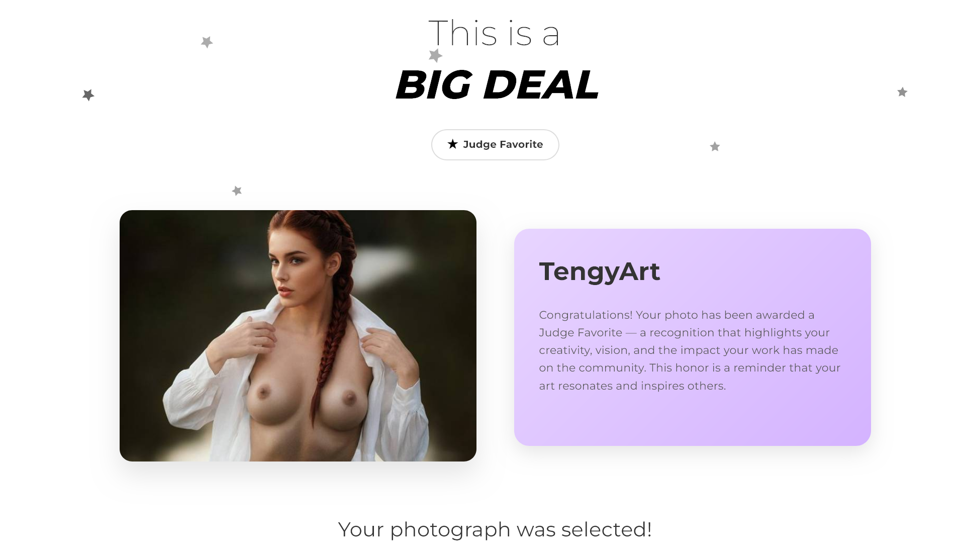 Награда Judge Favorite (выбор жюри) за конкурс ню фотографии и активное участие в деятельности сообщества на Viewbug