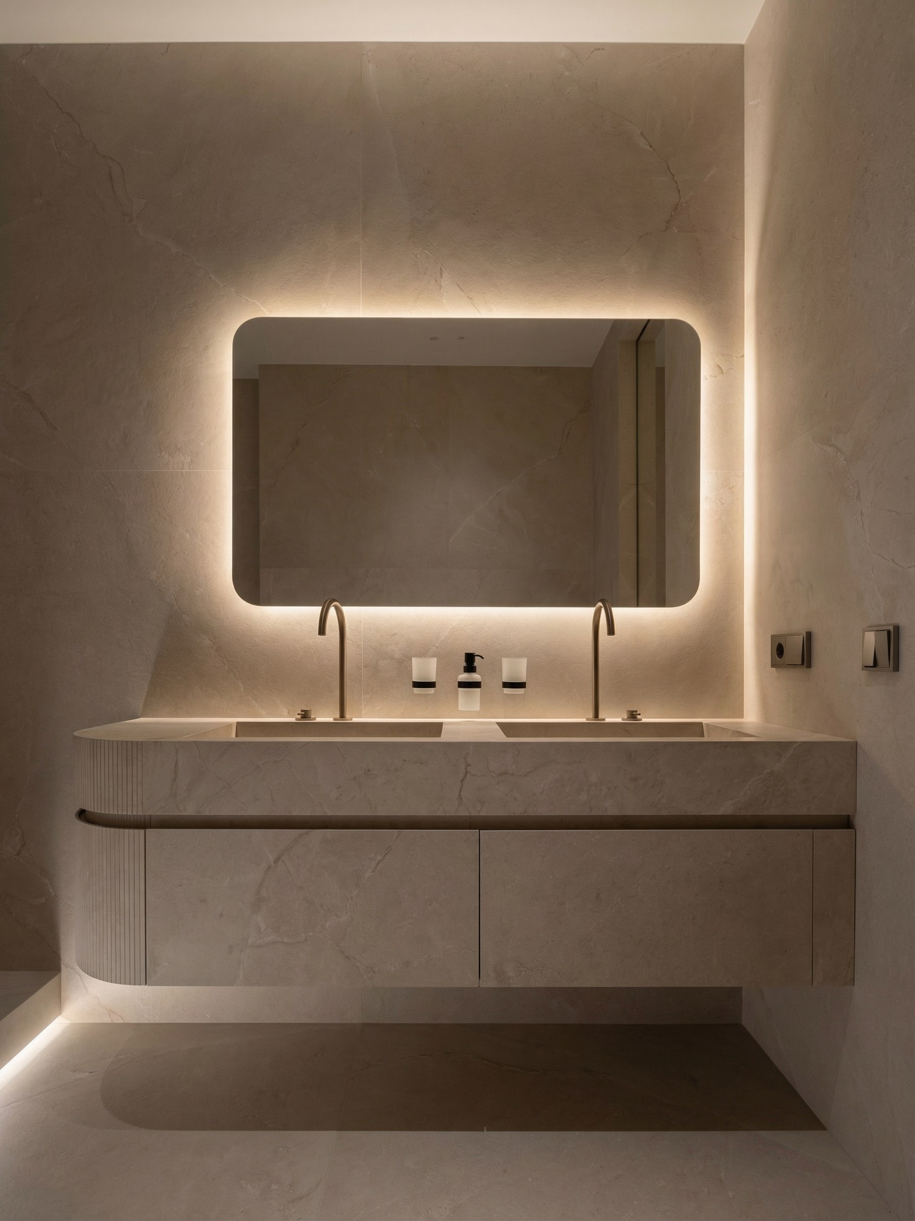 Современный дизайн раковины от Валерии Котович: подвесная тумба из камня с радиусной фрезеровкой, зеркало со скругленными углами и контурной подсветкой в санузле квартиры 85 м².