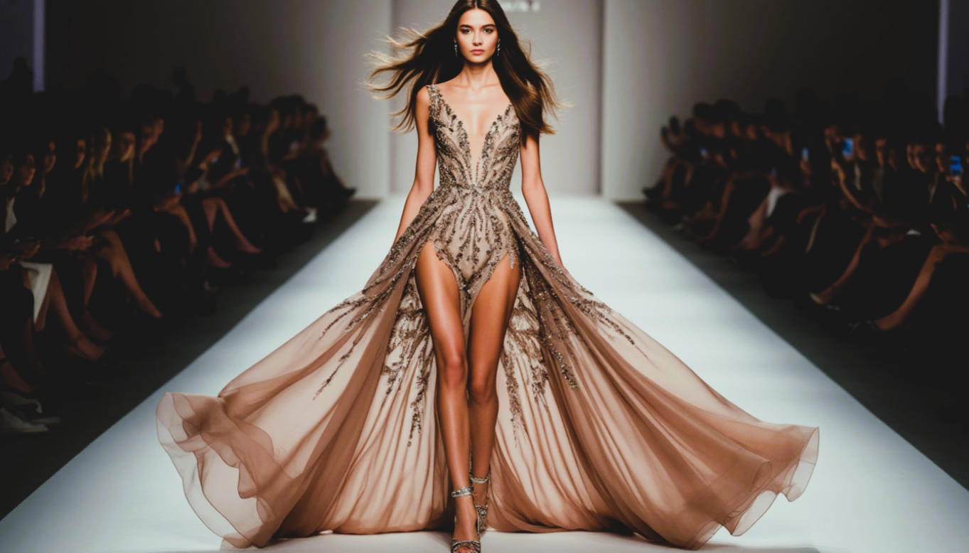 Дефиле. Дизайнерское длинное платье. Модель брюнетка.