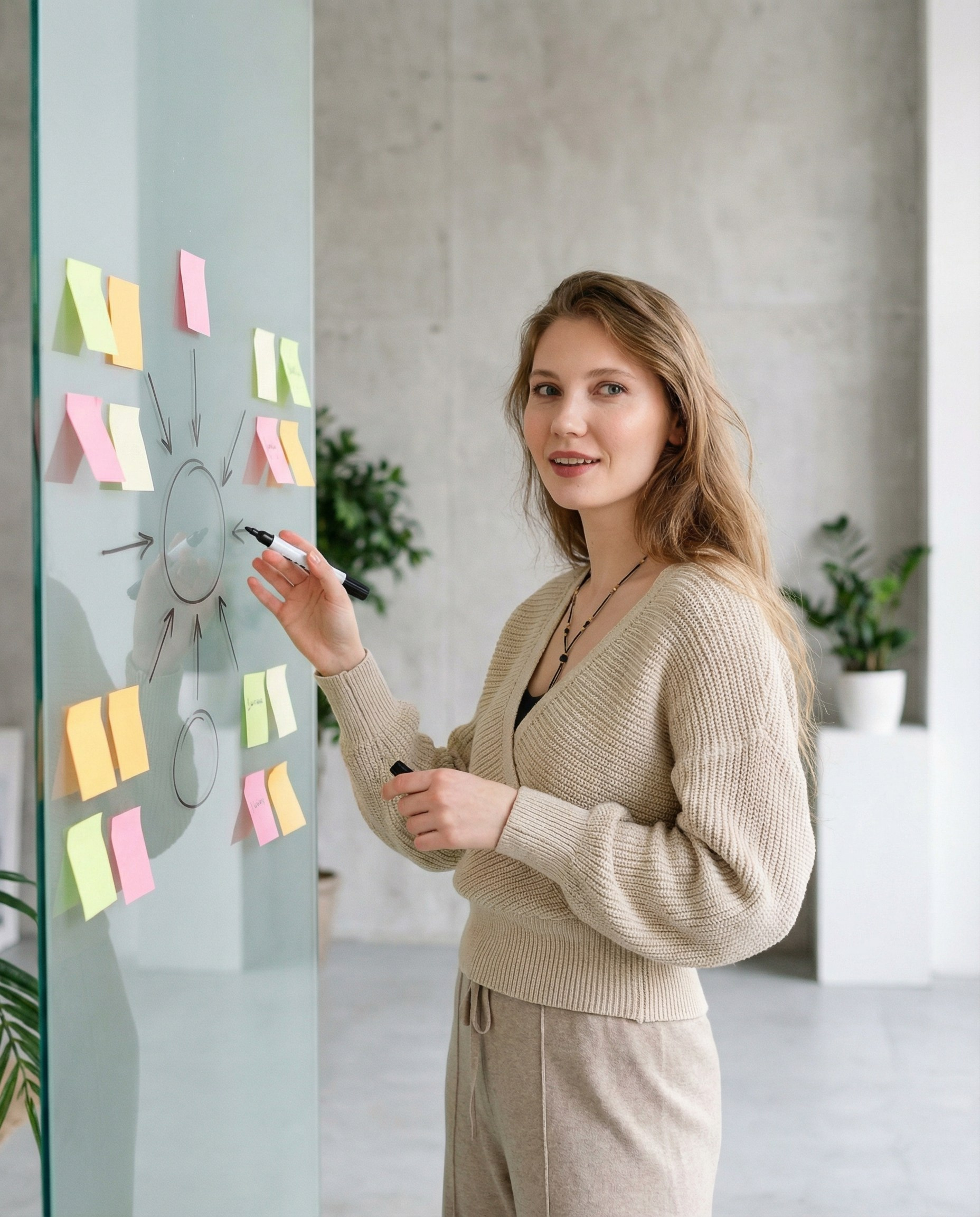 ИИ кадр психолога у стеклянной доски с заметками — контент для экспертных публикаций, сайта и личного бренда