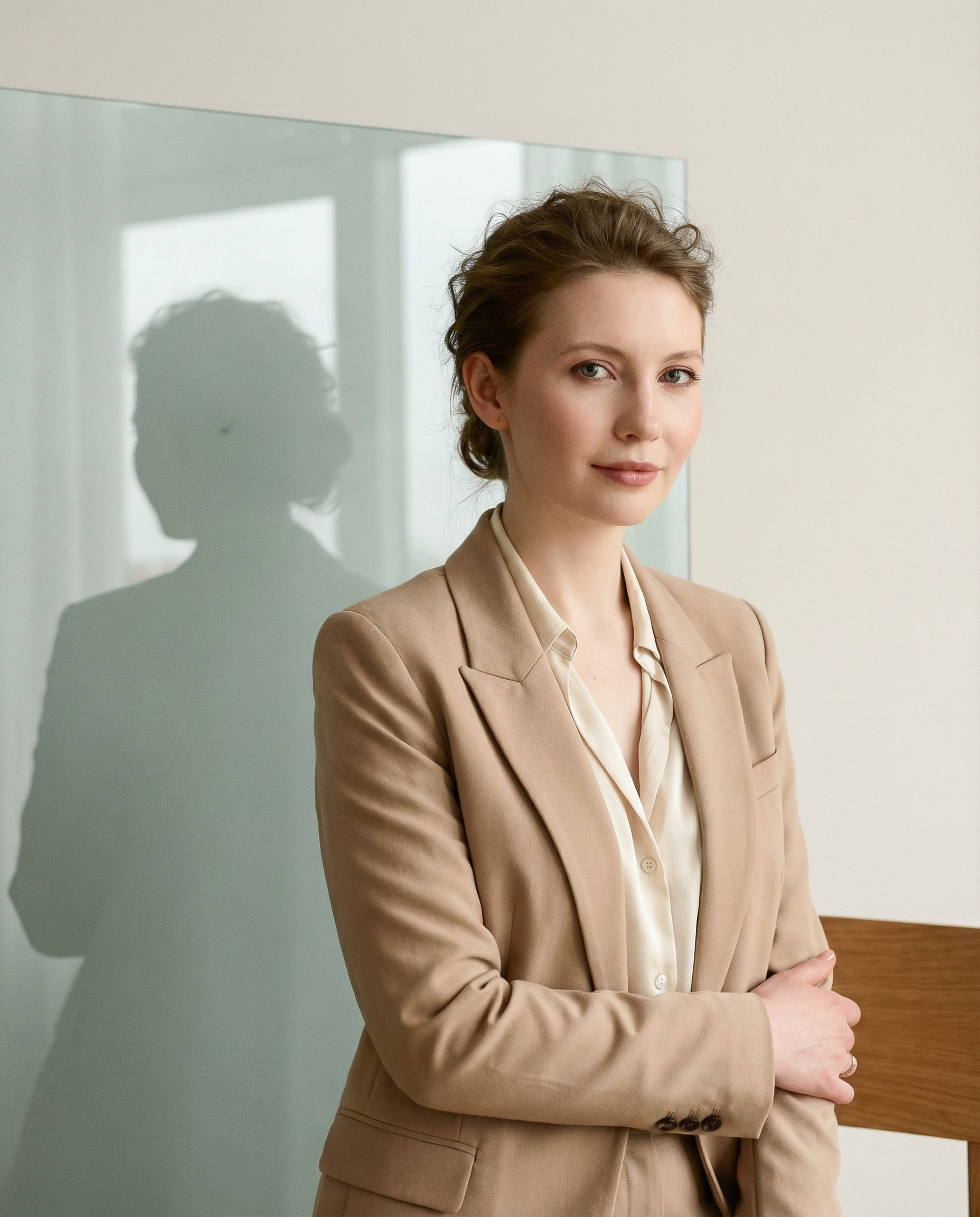 AI портрет психолога в бежевом жакете в минималистичном интерьере — визуал для экспертного блога, сайта и социальных сетей