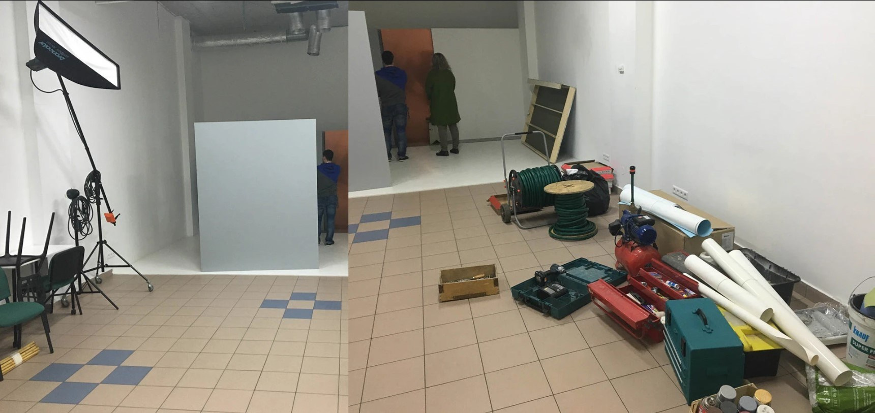 Подготовка интерьерной сцены для фотосессии сантехники — студийная сборка