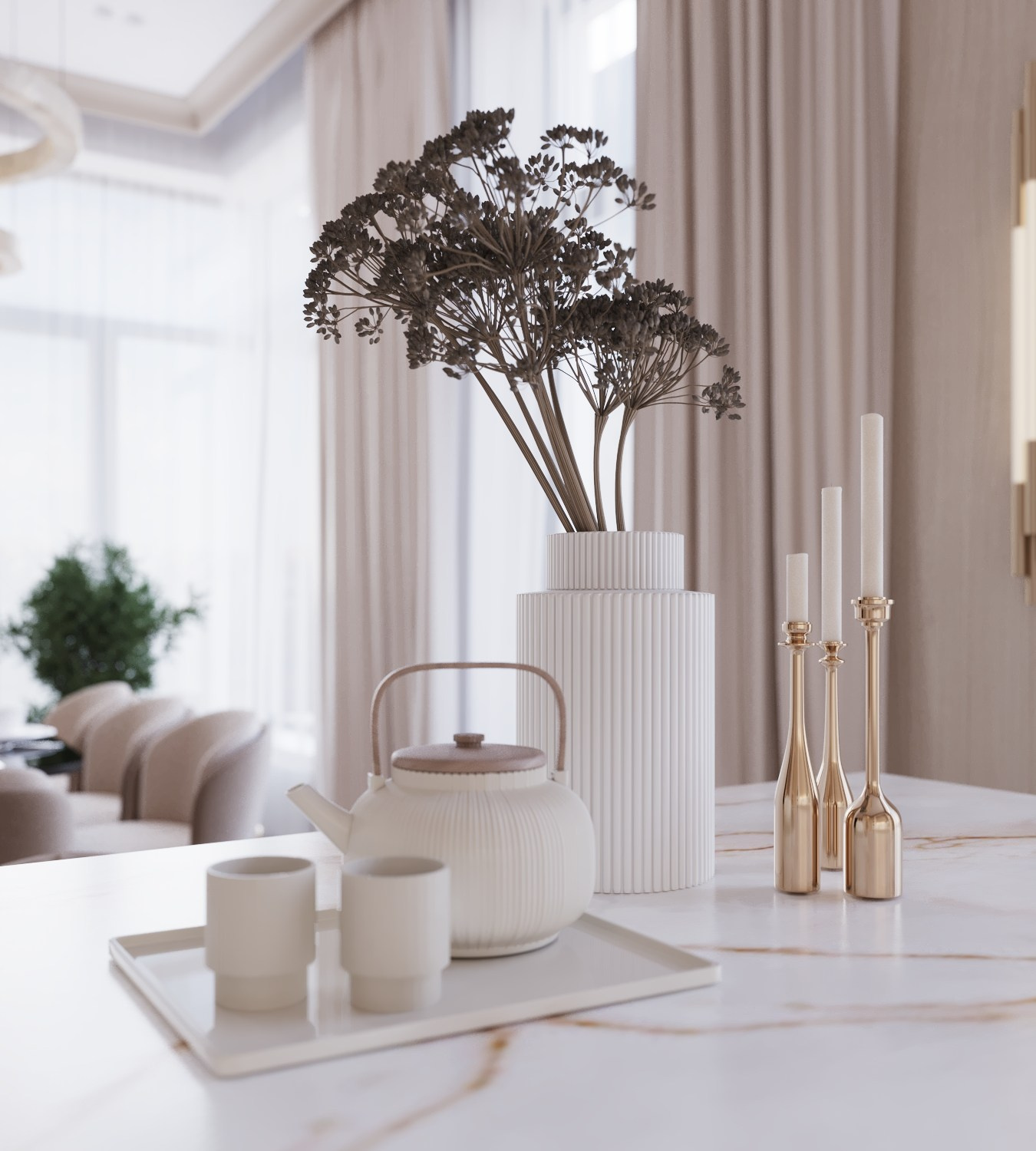 Визуализация предметной сцены: белая керамика, вазы и сухоцветы на фоне текстильных штор — проект Larionova.vis
