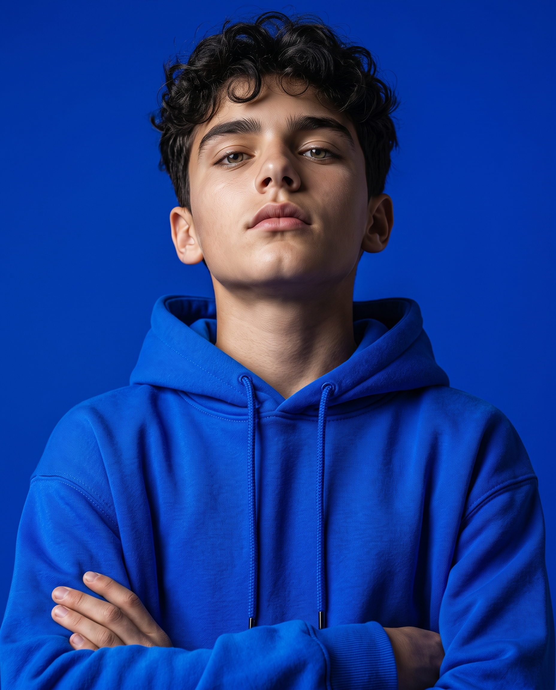 Studio AI-photography of a teenage boy posing in a bright blue hoodie against a matching blue background / Студийная AI-фотография: подросток позирует в ярком синем худи на синем фоне