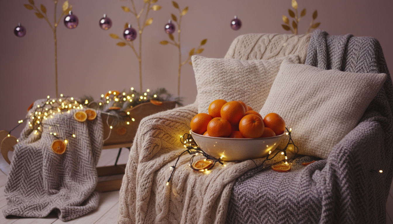 Уютная новогодняя композиция с пледом, фонарями и декоративными гирляндами, фотограф Карасёва Елена