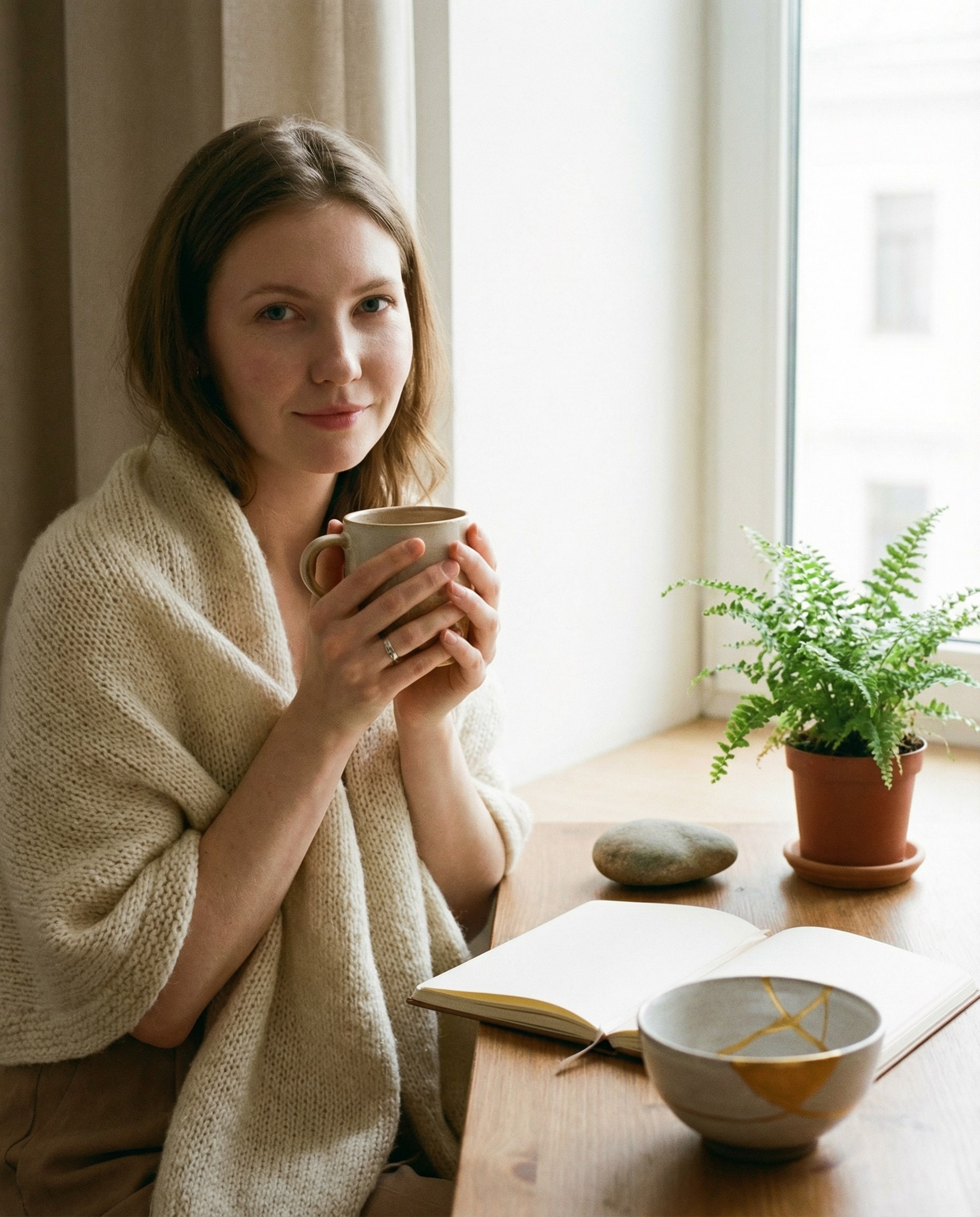 ИИ портрет психолога у окна с чашкой в руках в домашней стилистике — атмосферный визуал для блога и социальных сетей