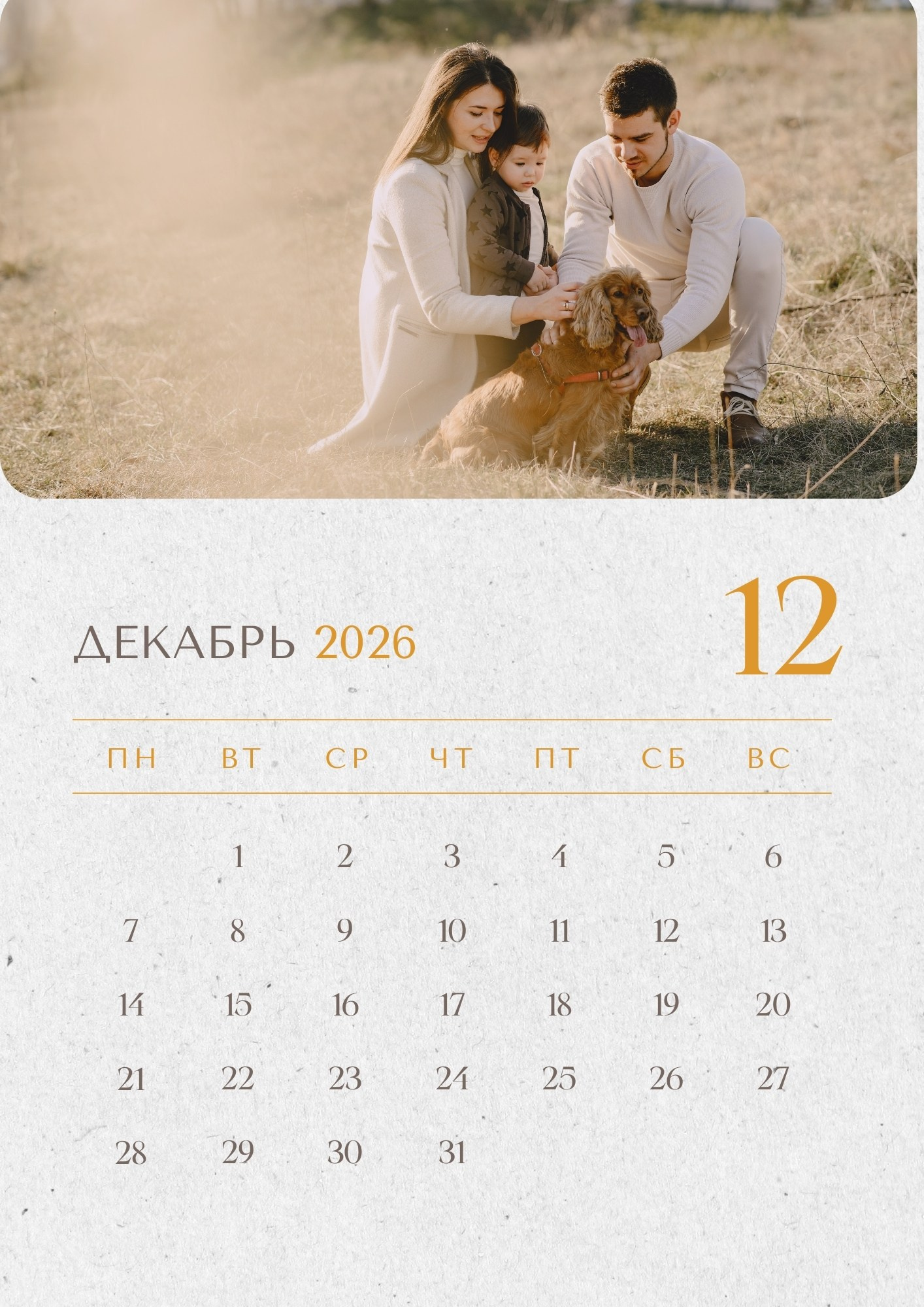 Декабрь 2026 – семья с ребёнком и собакой на прогулке