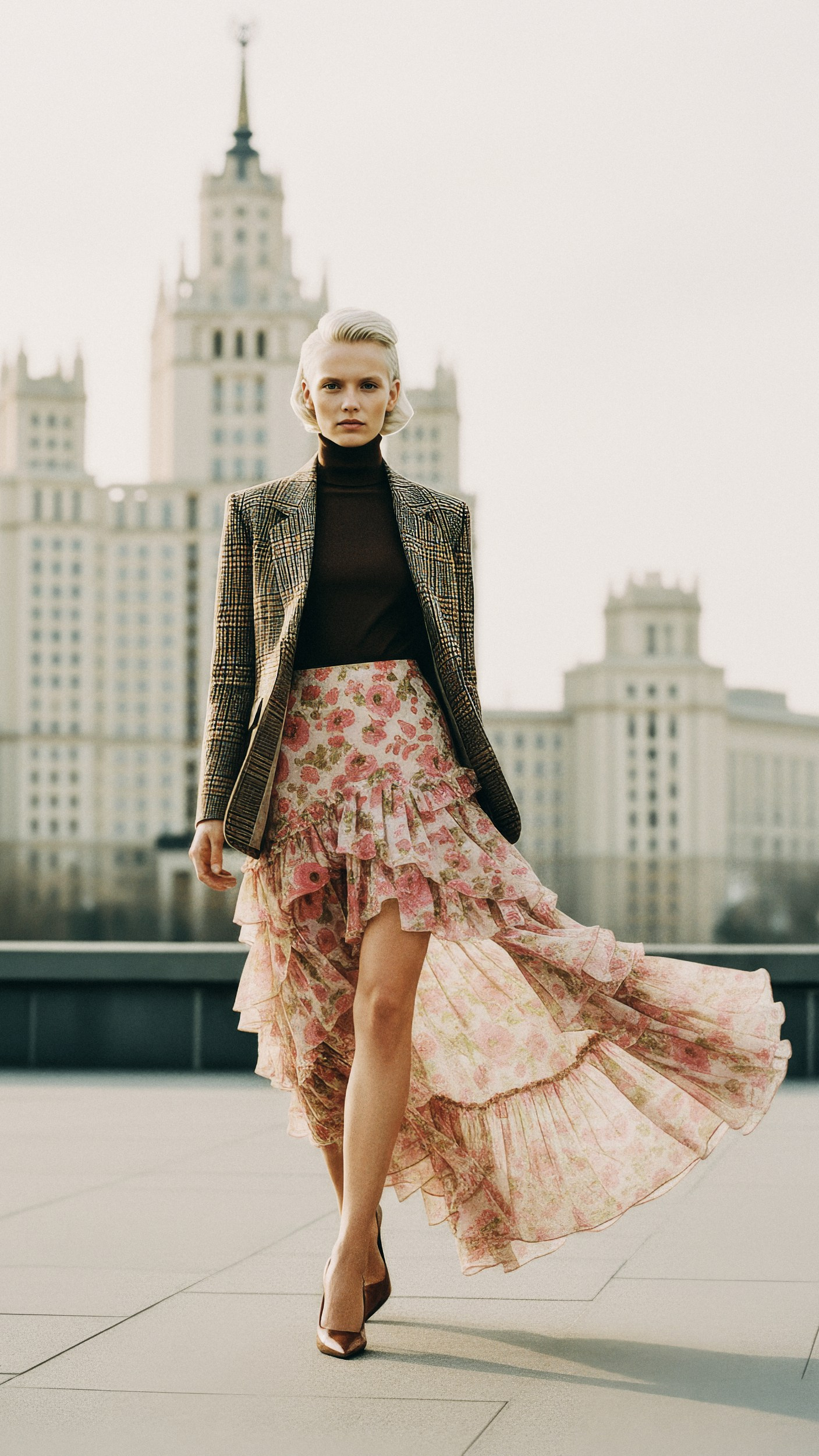 Фотосессия девушки в YSL на крыше дома в Москве напротив сталинской высотки МИД