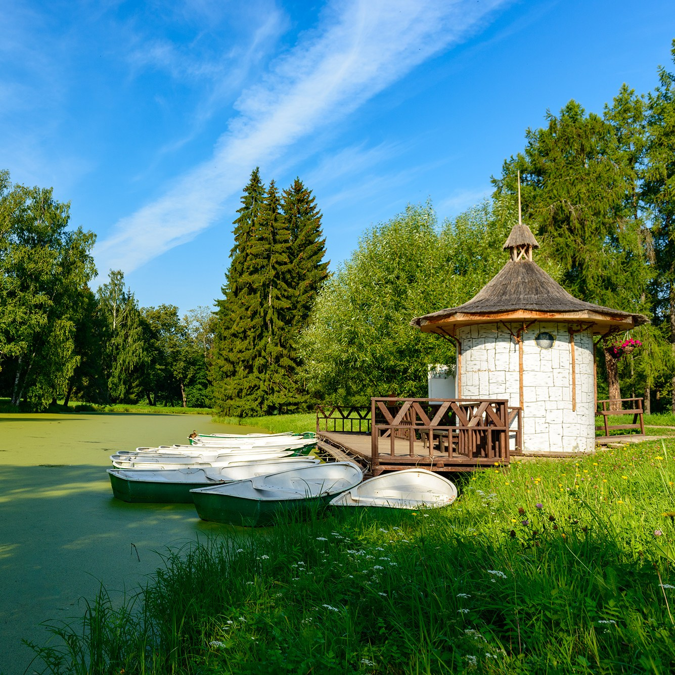 Pavlovsk. Landscape with a boat station in Pavlovsk. Pavlovsky Park, the palace. A suburb of St. Petersburg. There are even more view photos in the store.