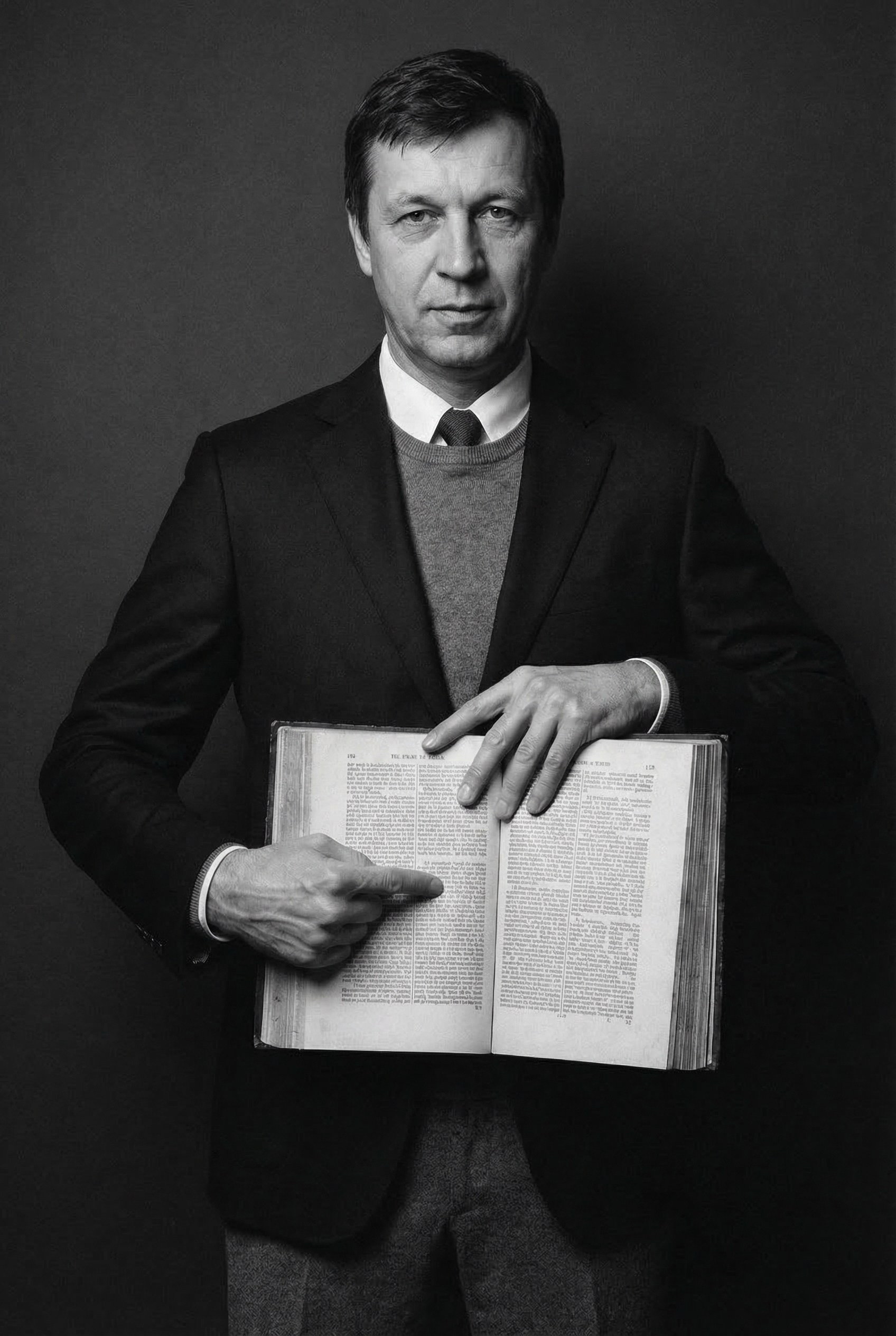 Юрист мужчина показывает текст в книге на фотосессии