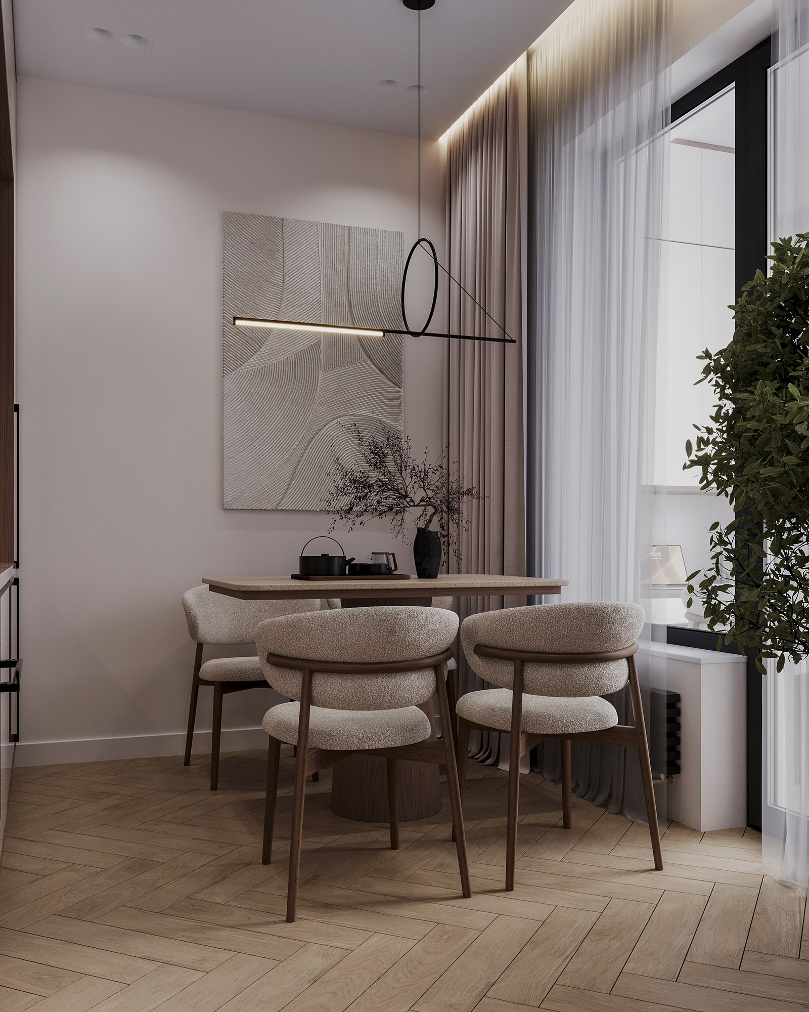 Визуализация столовой зоны с мягким дневным светом, акцент на материалах и пропорциях — Larionova.vis