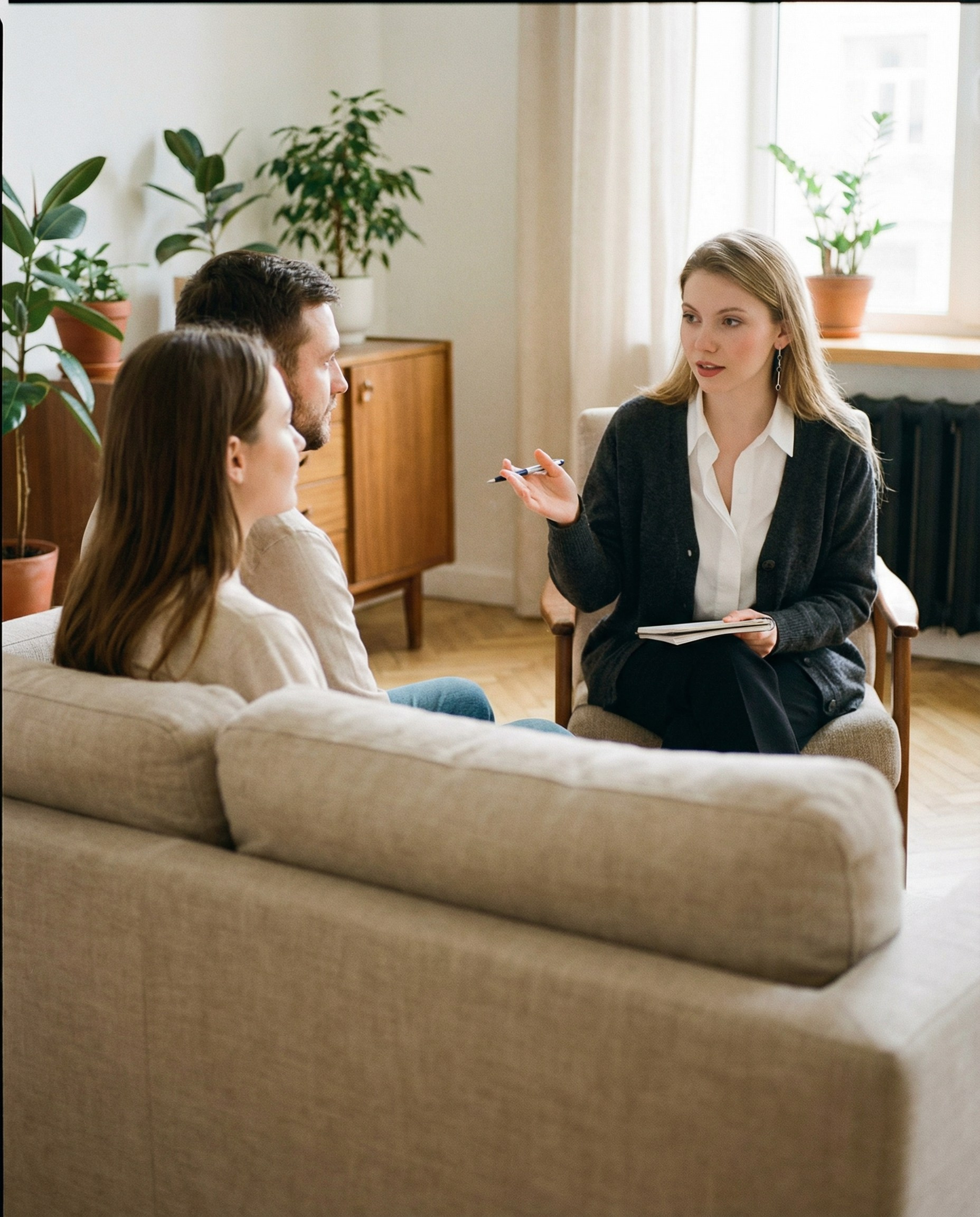 AI съемка психолога во время консультации в светлом интерьере — экспертный визуал для сайта, блога и социальных сетей