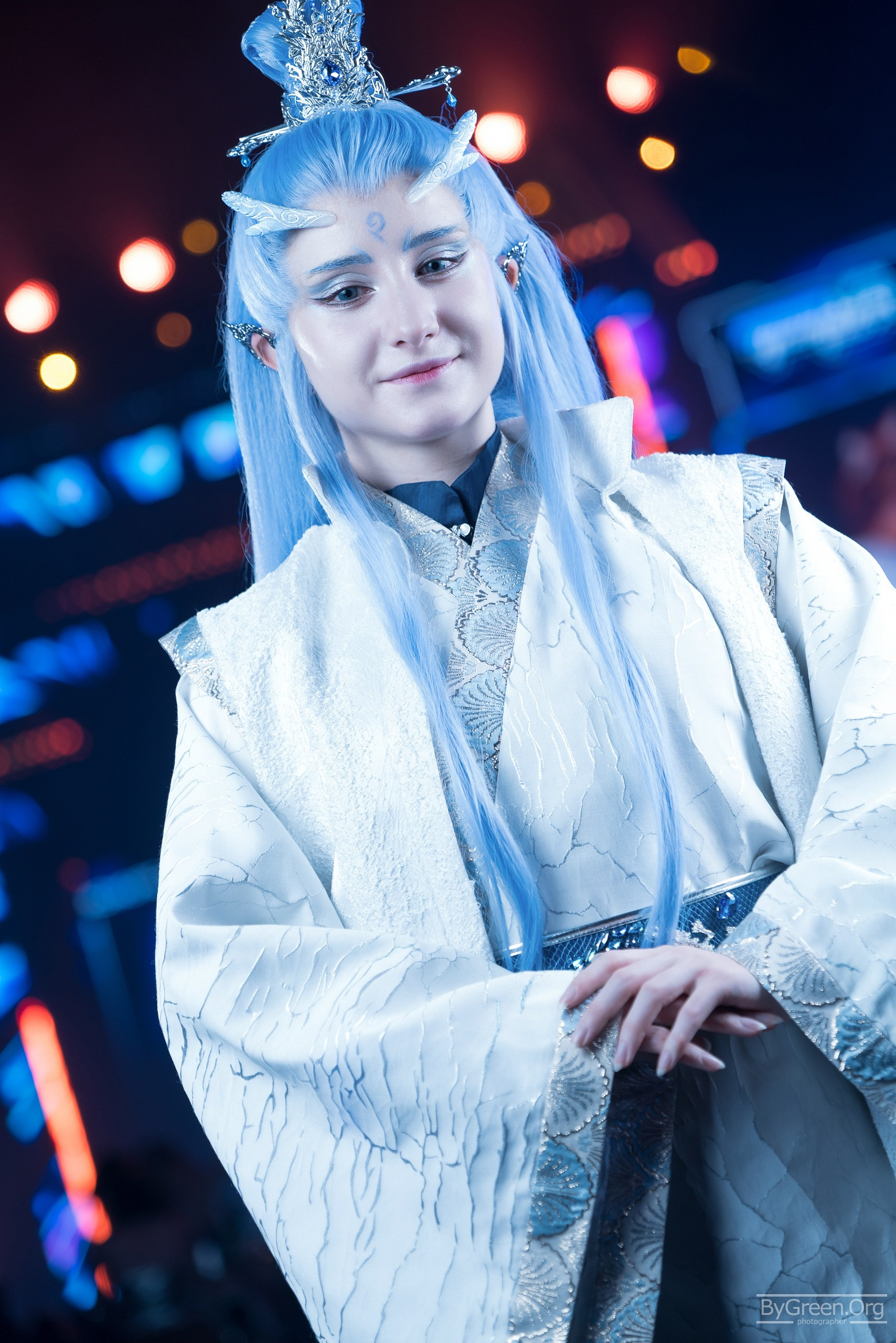 Cosplay at Fandom Fest 2026 — portrait in blue stage light, Moscow