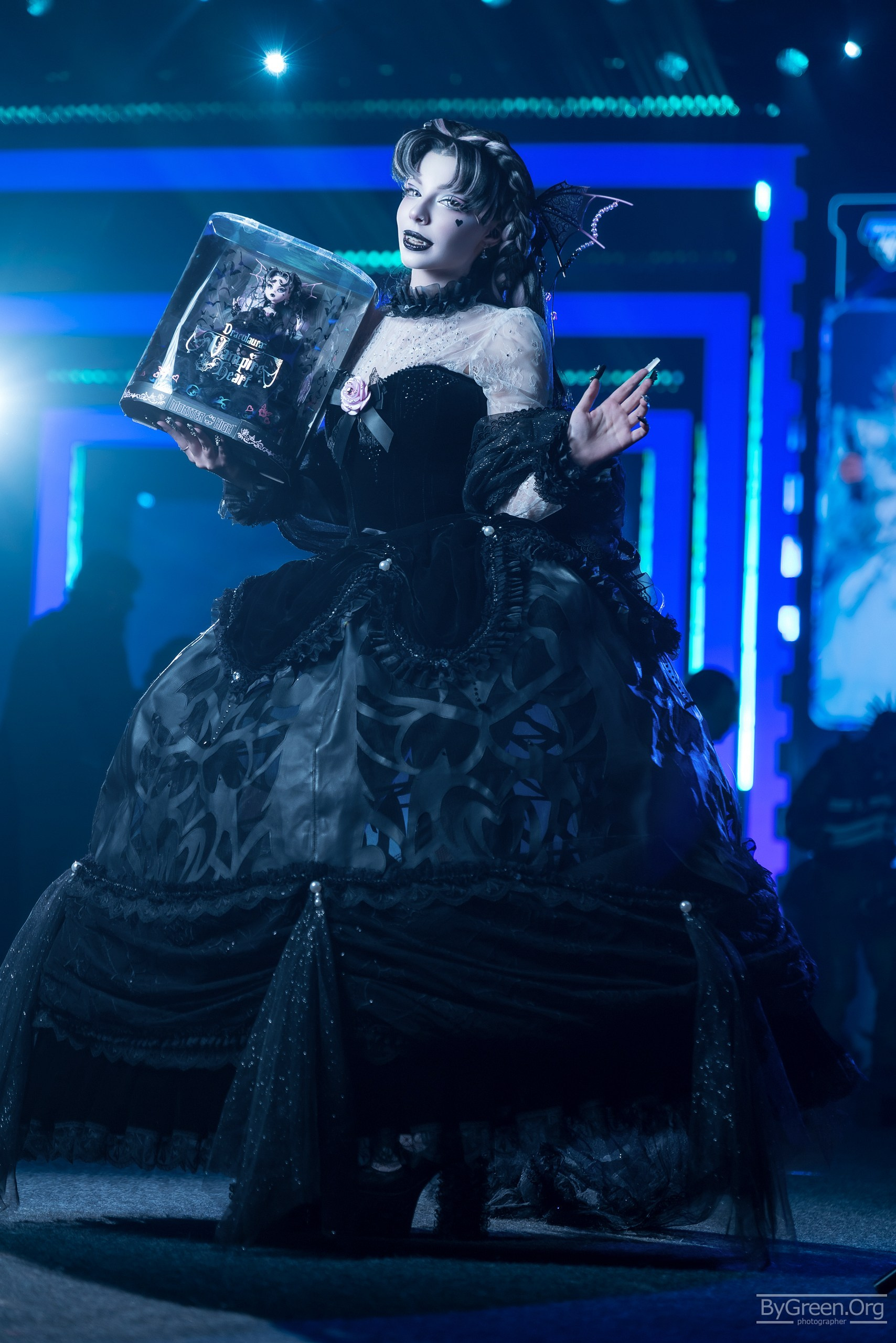 Cosplay of Draculaura from Monster High — black ball gown, full length, Fandom Fest 2026, Moscow