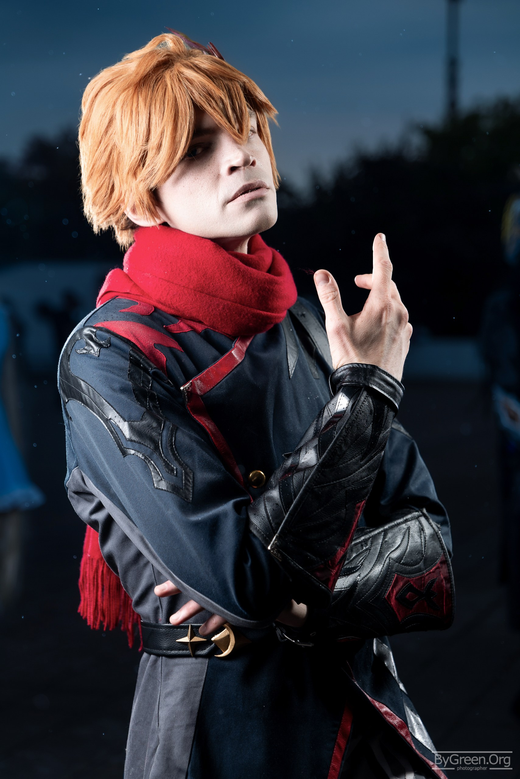 Cosplay of Tartaglia from Genshin Impact — hand gesture, red scarf, VIBE.CON 2026, Moscow