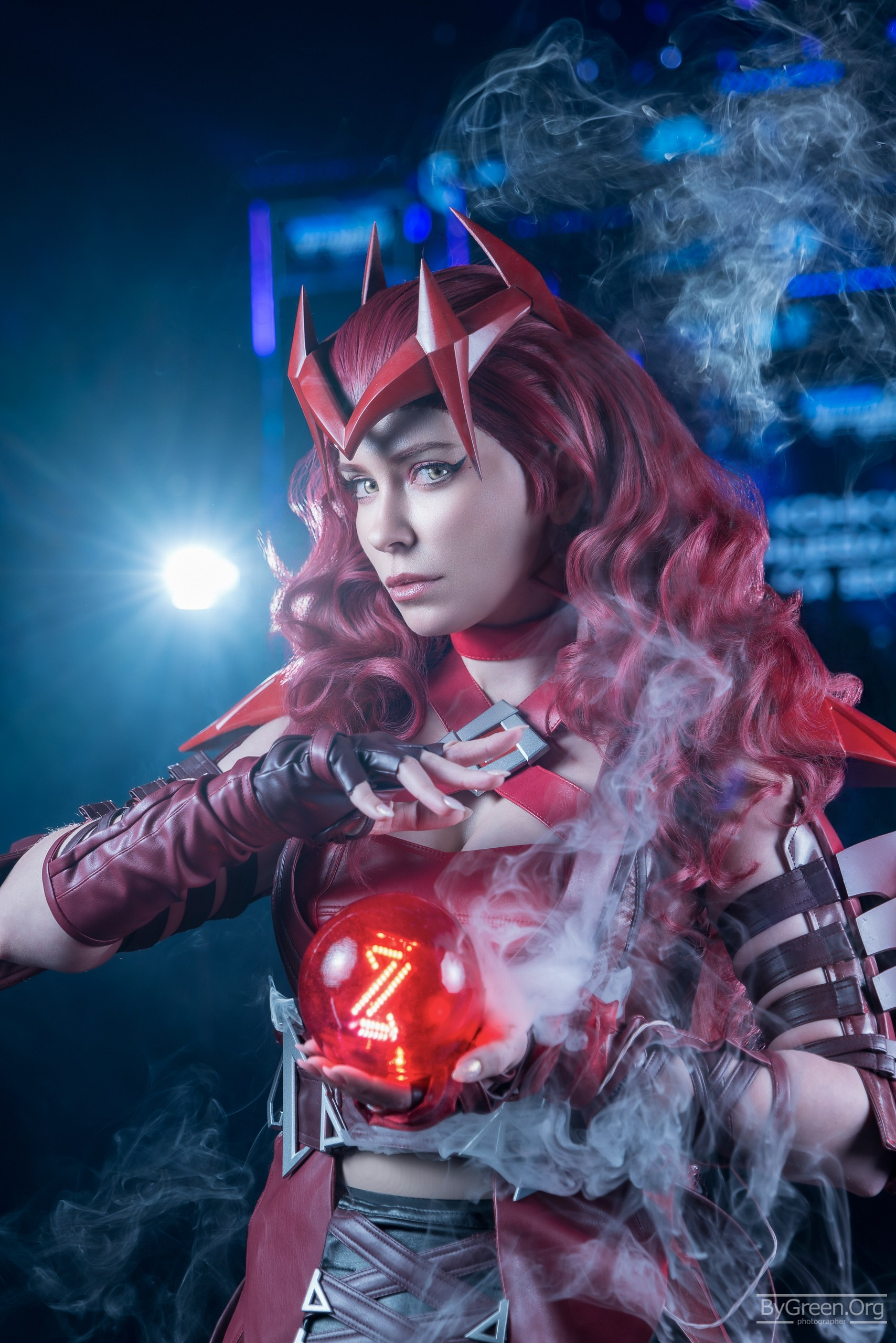 Cosplay of Scarlet Witch from Marvel — crimson magic, close-up, Fandom Fest 2026, Moscow