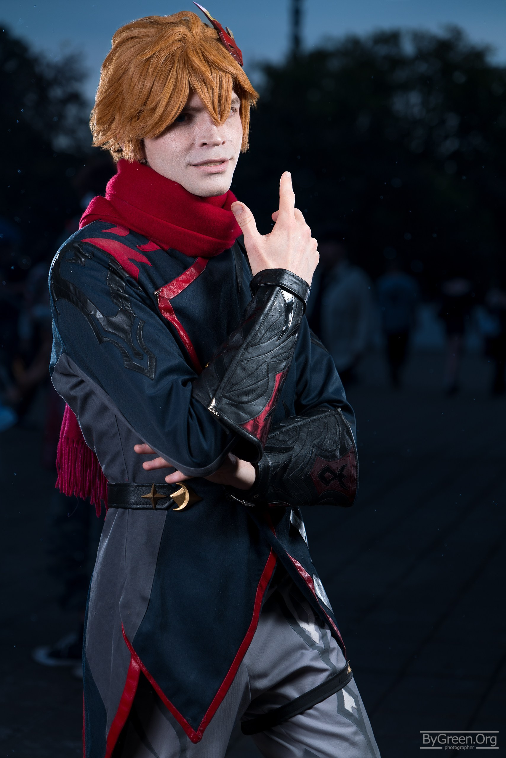 Cosplay of Tartaglia from Genshin Impact — orange hair and red scarf, VIBE.CON 2026, Moscow