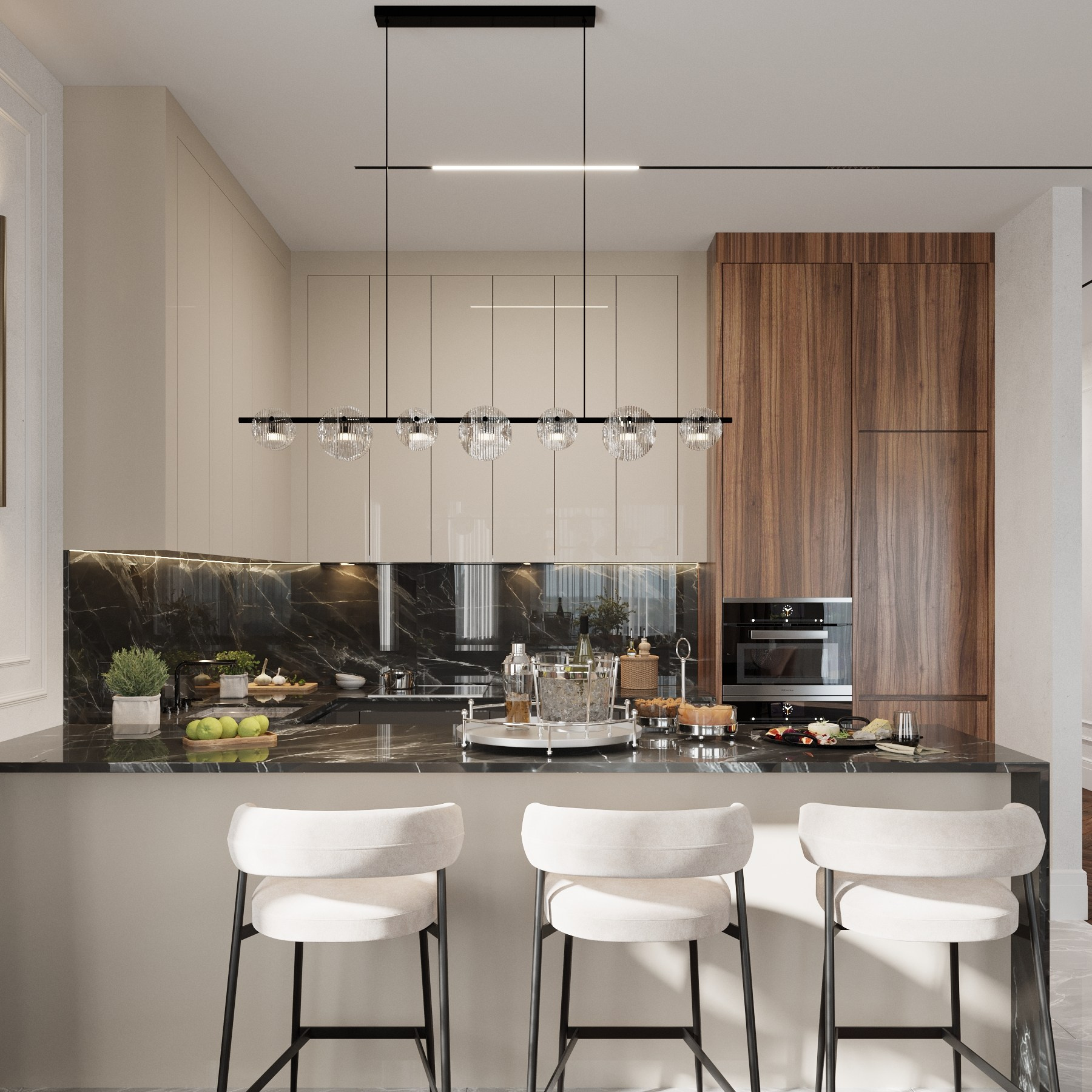 Современная кухня с большим островом, минималистичной отделкой и комфортной обеденной зоной.