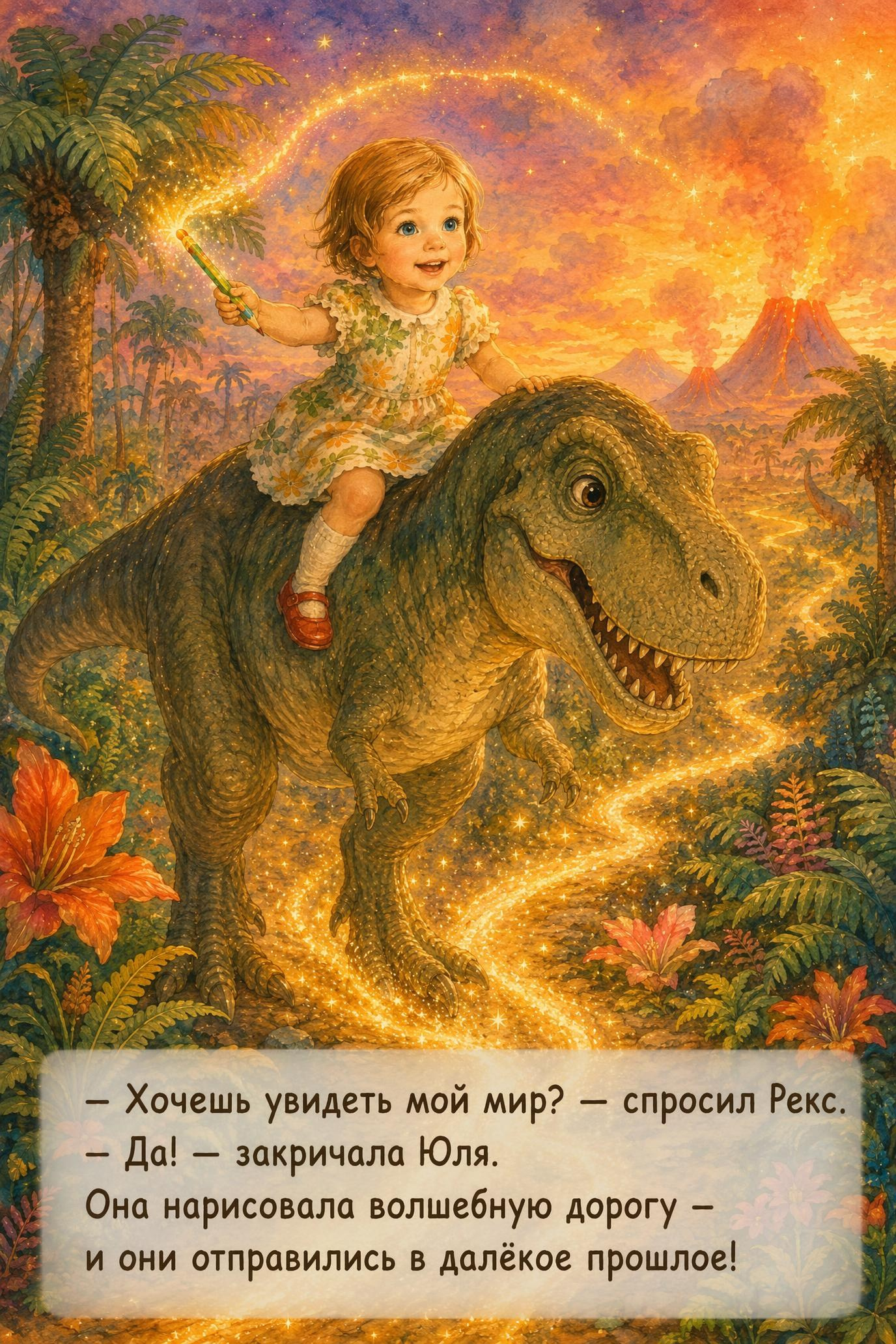 Девочка и динозавр в ярком фантастическом мире, иллюстрация детской книги