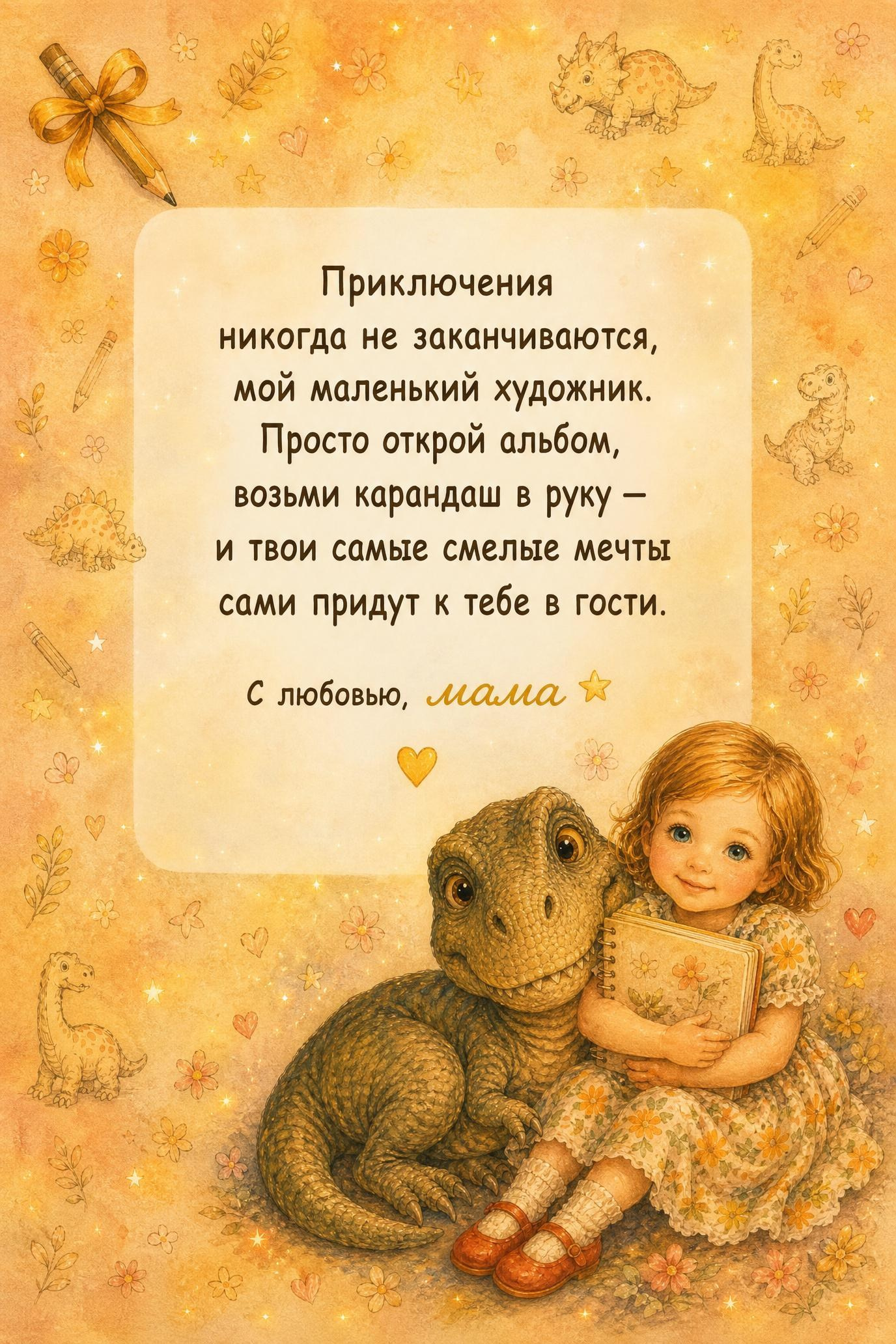Финальная страница детской книги с девочкой и динозавром