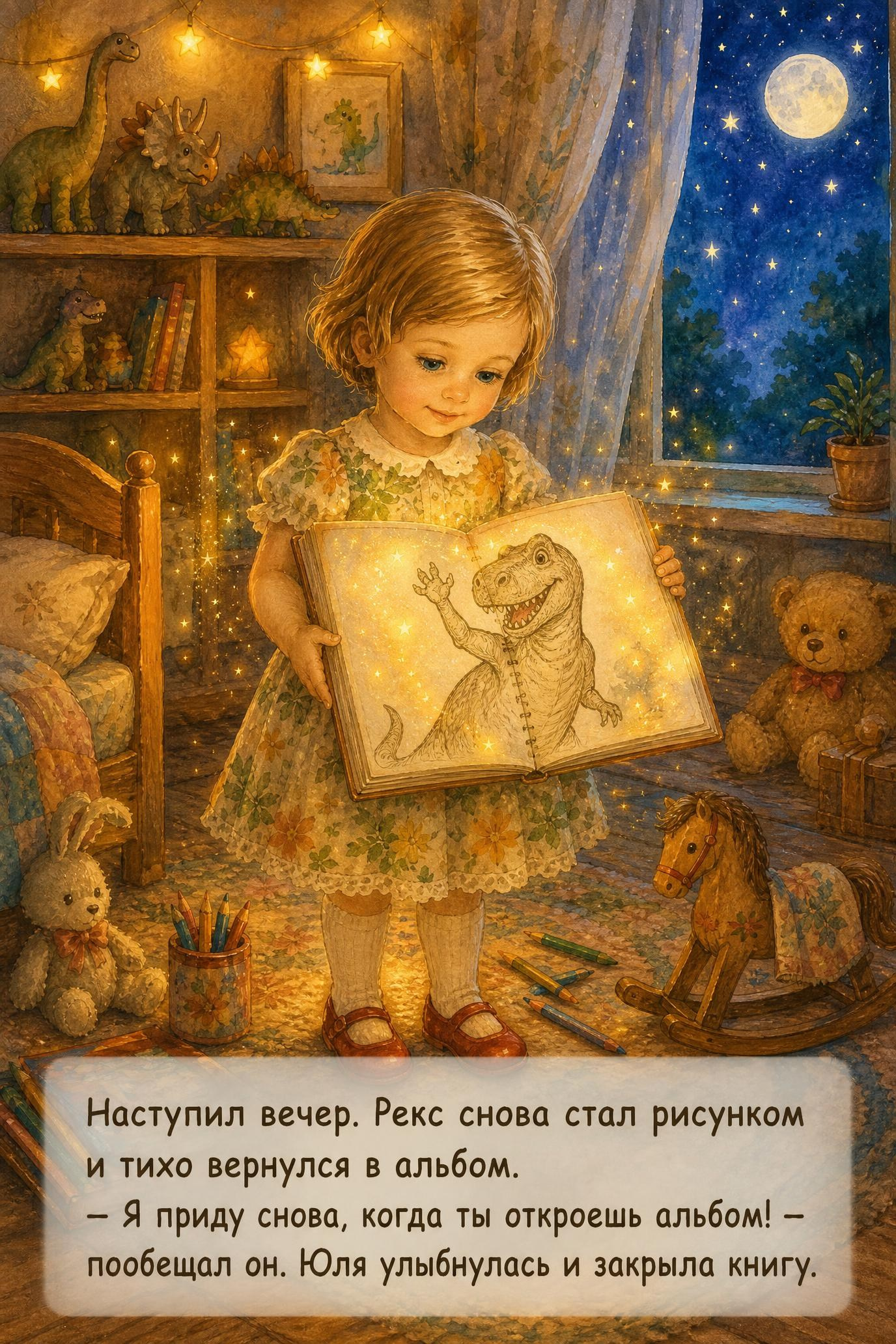 Девочка читает книгу в уютной комнате, страница с текстом