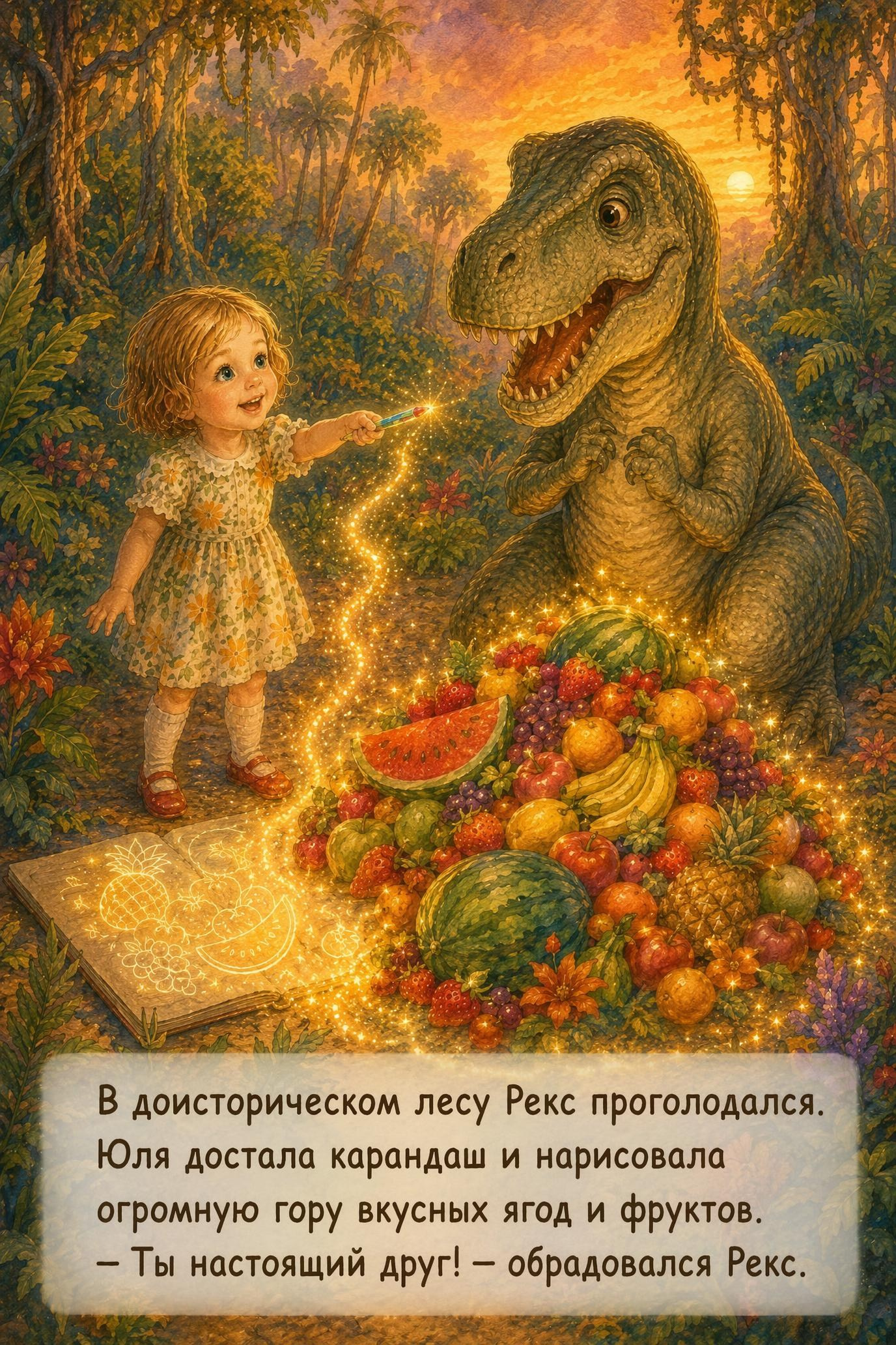 Девочка рядом с динозавром, страница персональной детской книги