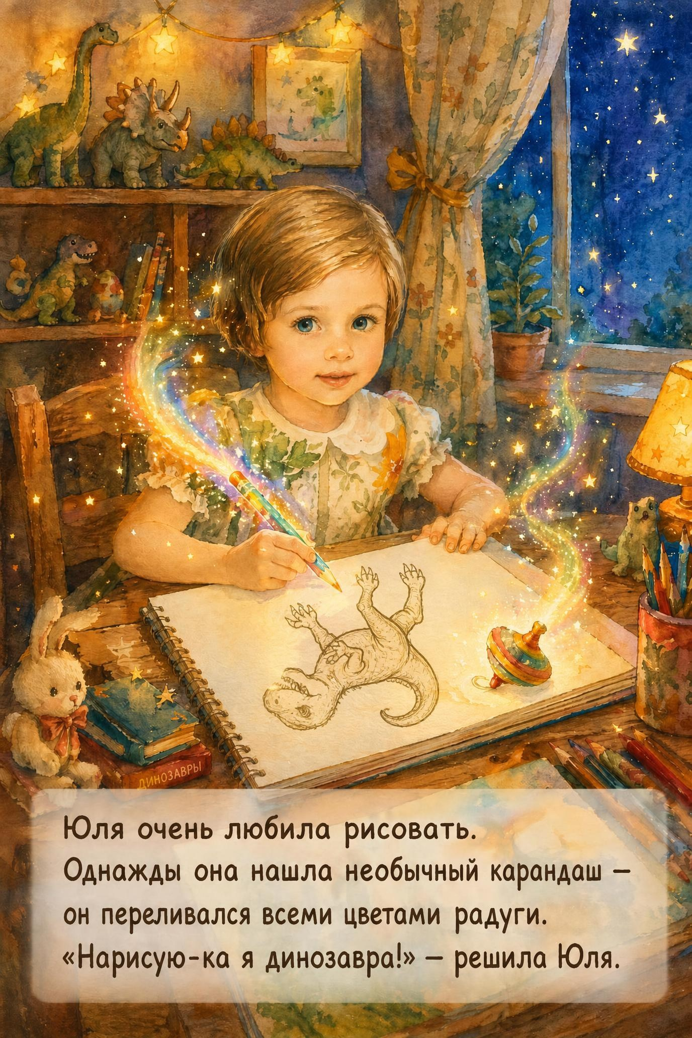 Иллюстрация девочки с открытой книгой в сказочной комнате