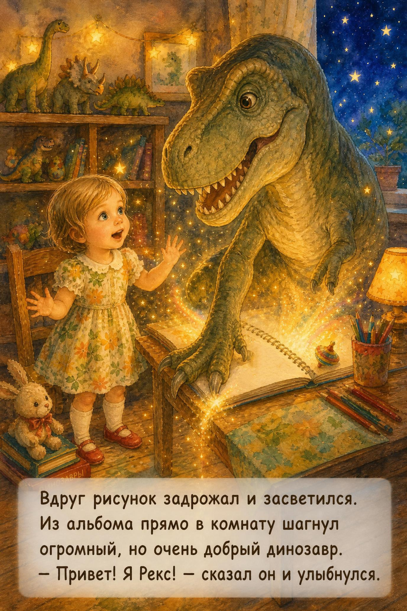 Иллюстрация девочки и динозавра в тёплом сказочном интерьере