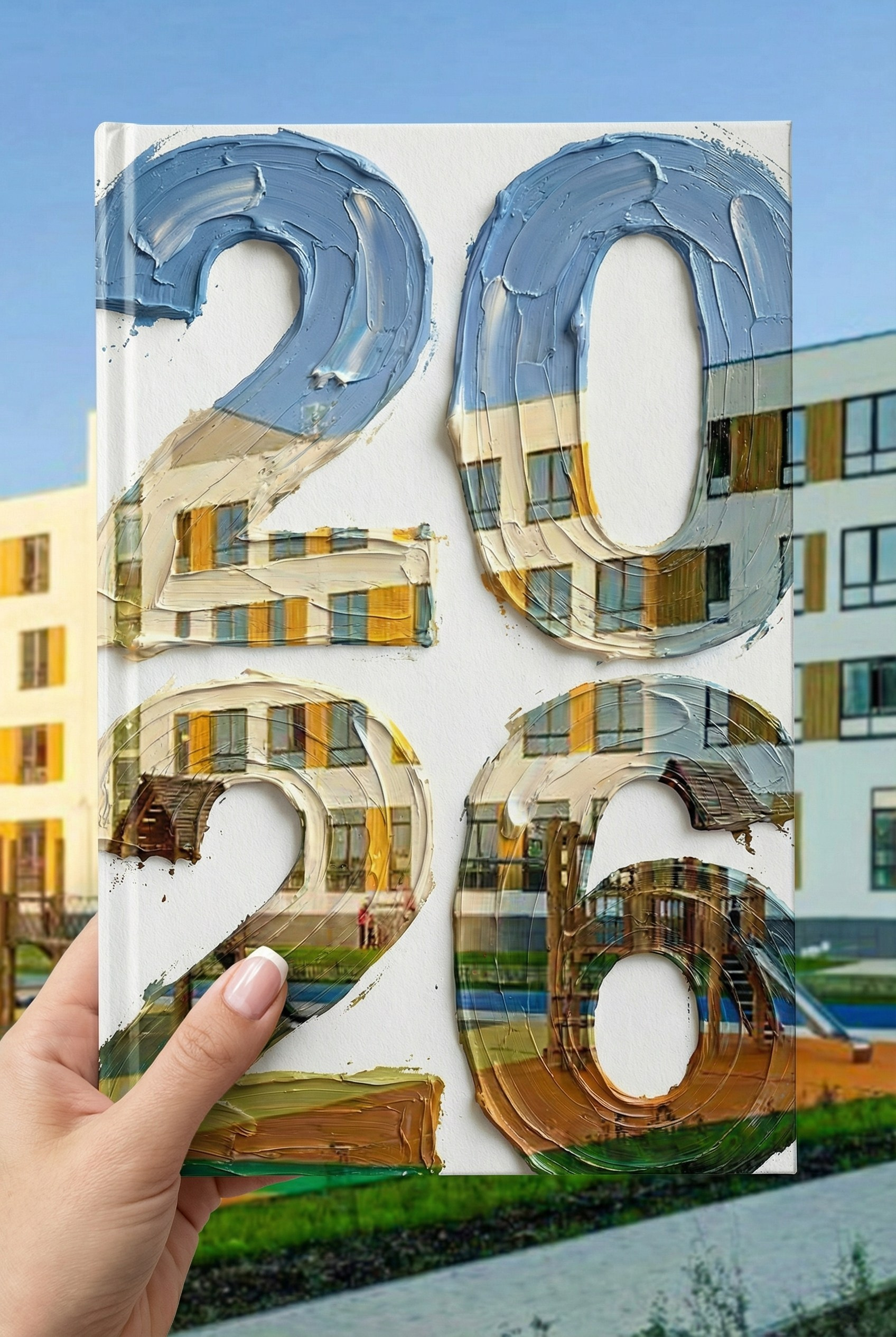 Обложка альбома с крупными цифрами 2026 и школьным зданием